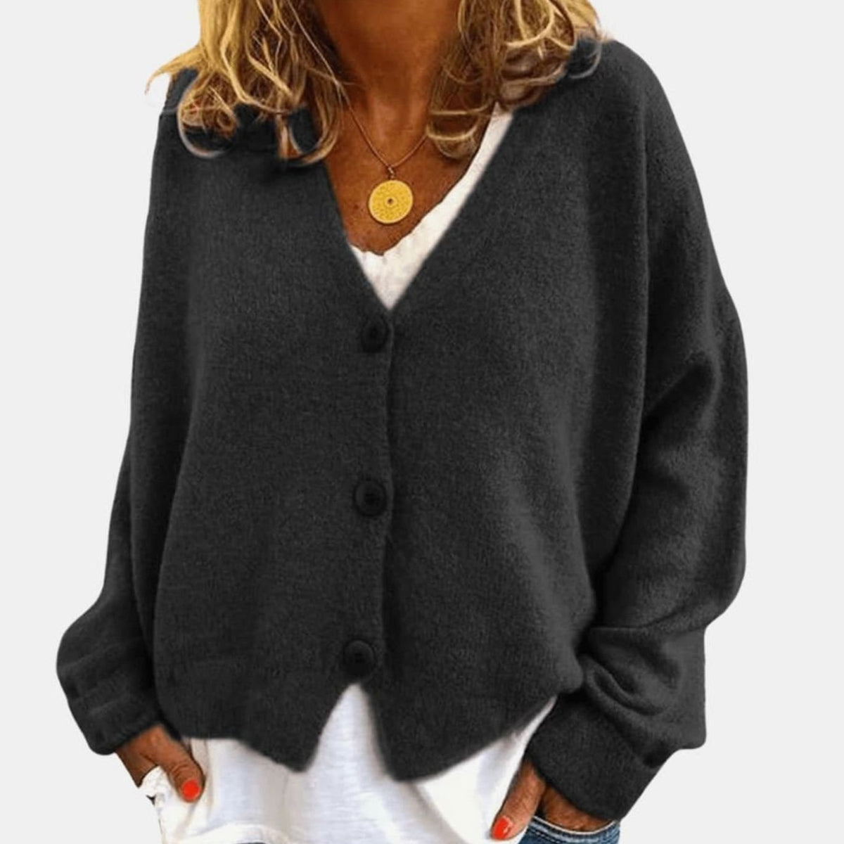 Olivia | Women's Relaxed Drop-Shoulder V-Neck Button Cardigan