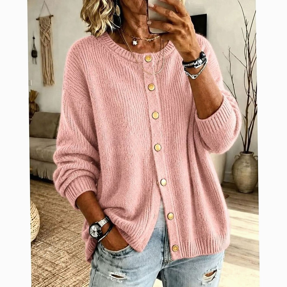 Mia | Women's Relaxed-Fit Button-Front Crew Neck Knit Cardigan