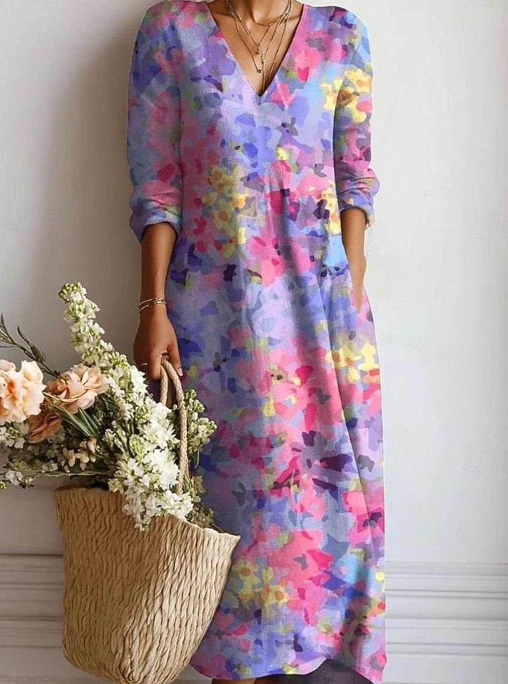 Olivia | Women's Relaxed Fit Floral Print Long Sleeve Dress V-Neck Maxi