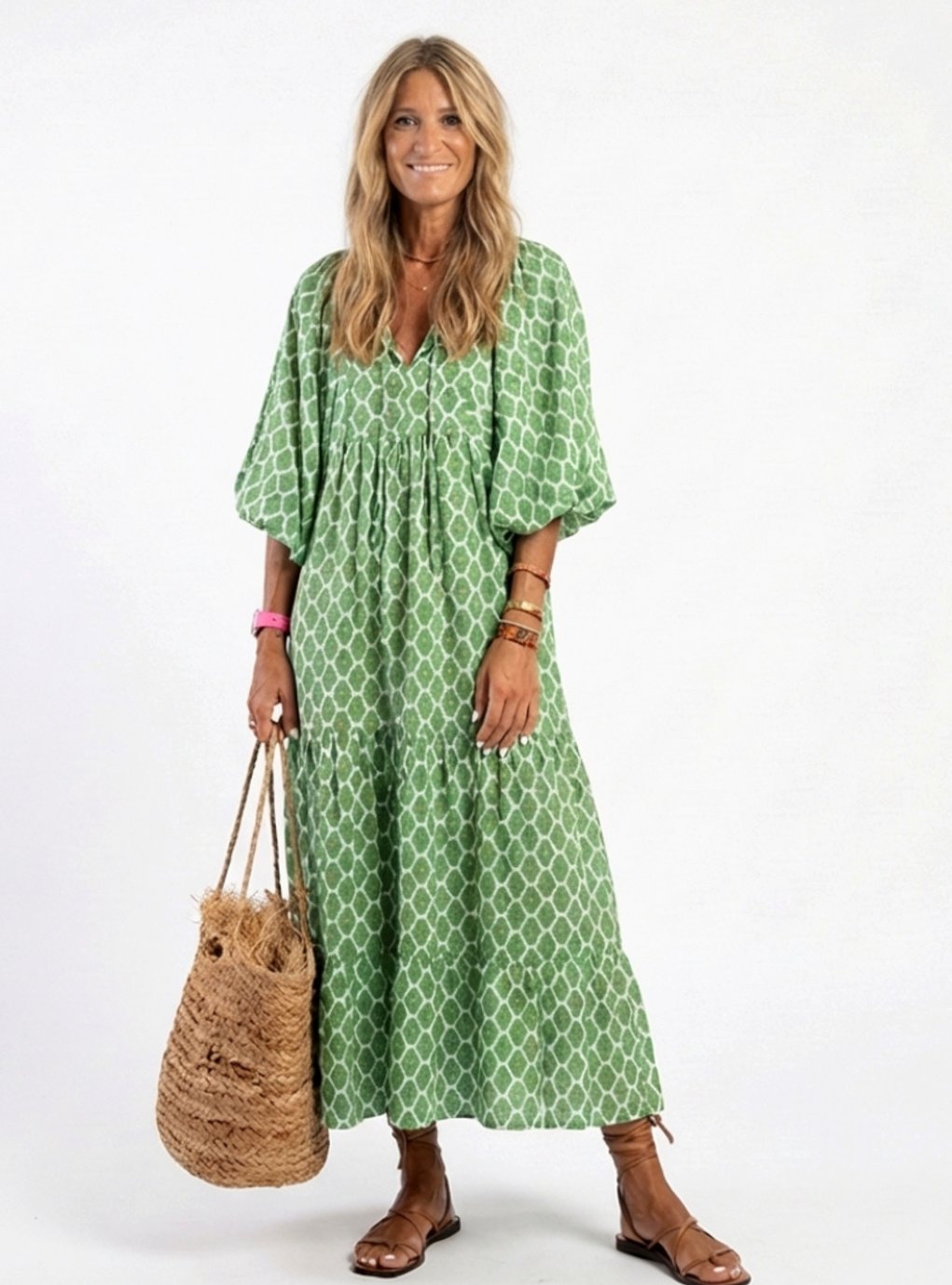 Mia | Women's Relaxed-Fit Tiered V-Neck Three-Quarter Sleeve Midi Dress