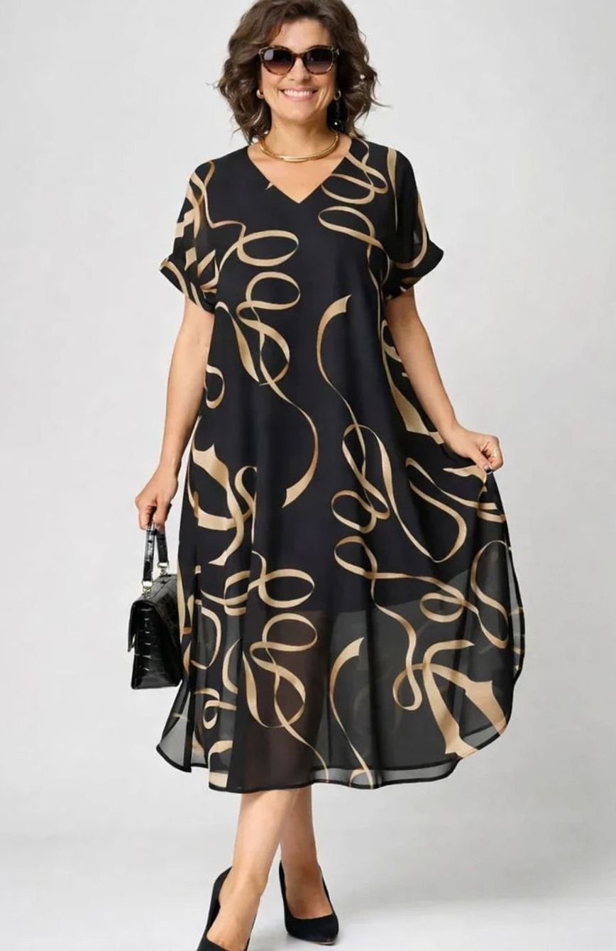 Charlotte | Women's Relaxed-Fit V-Neck Gold Print Midi Formal Dress