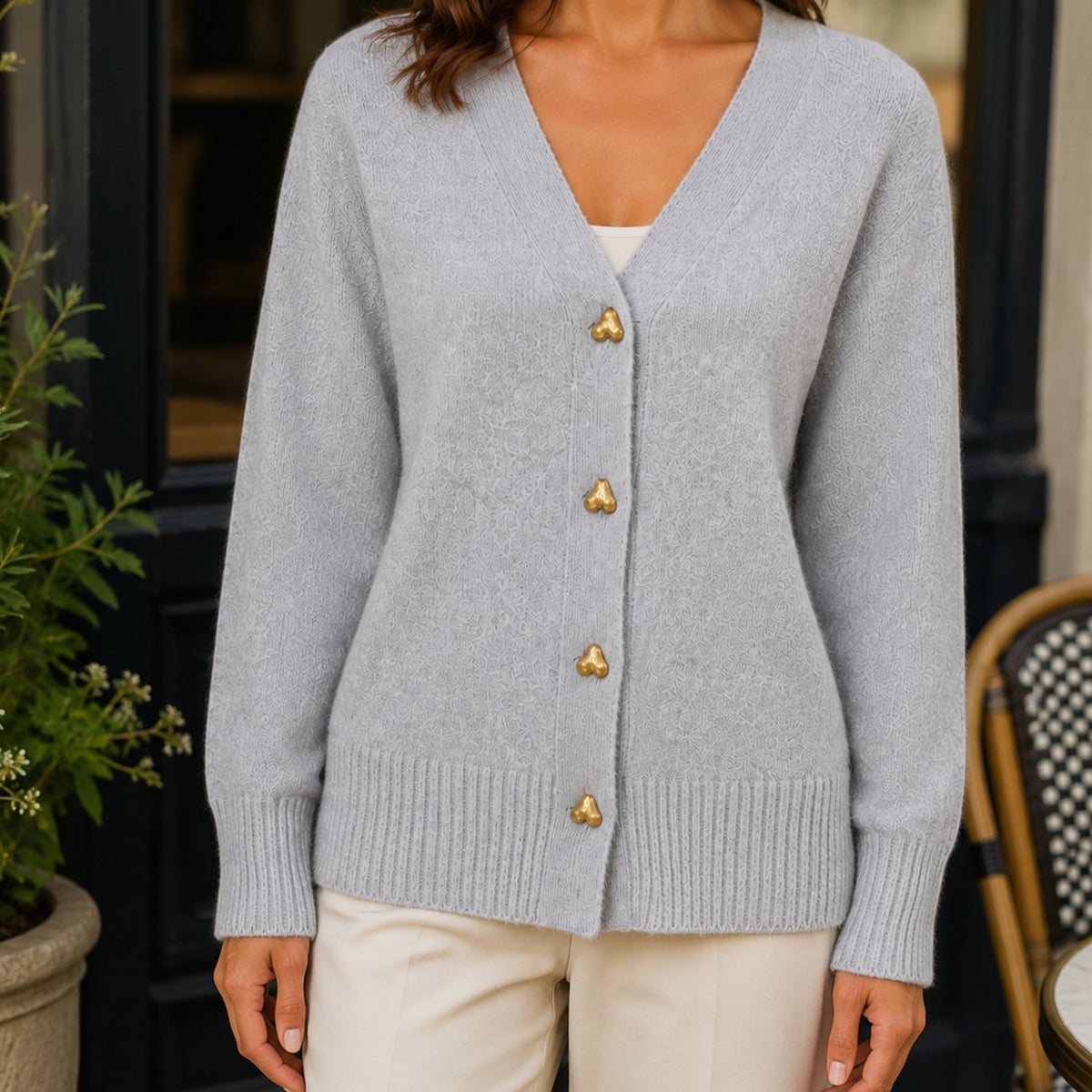 Charlotte | Women's Relaxed-Fit V-Neck Heart-Button Knitwear Cardigan
