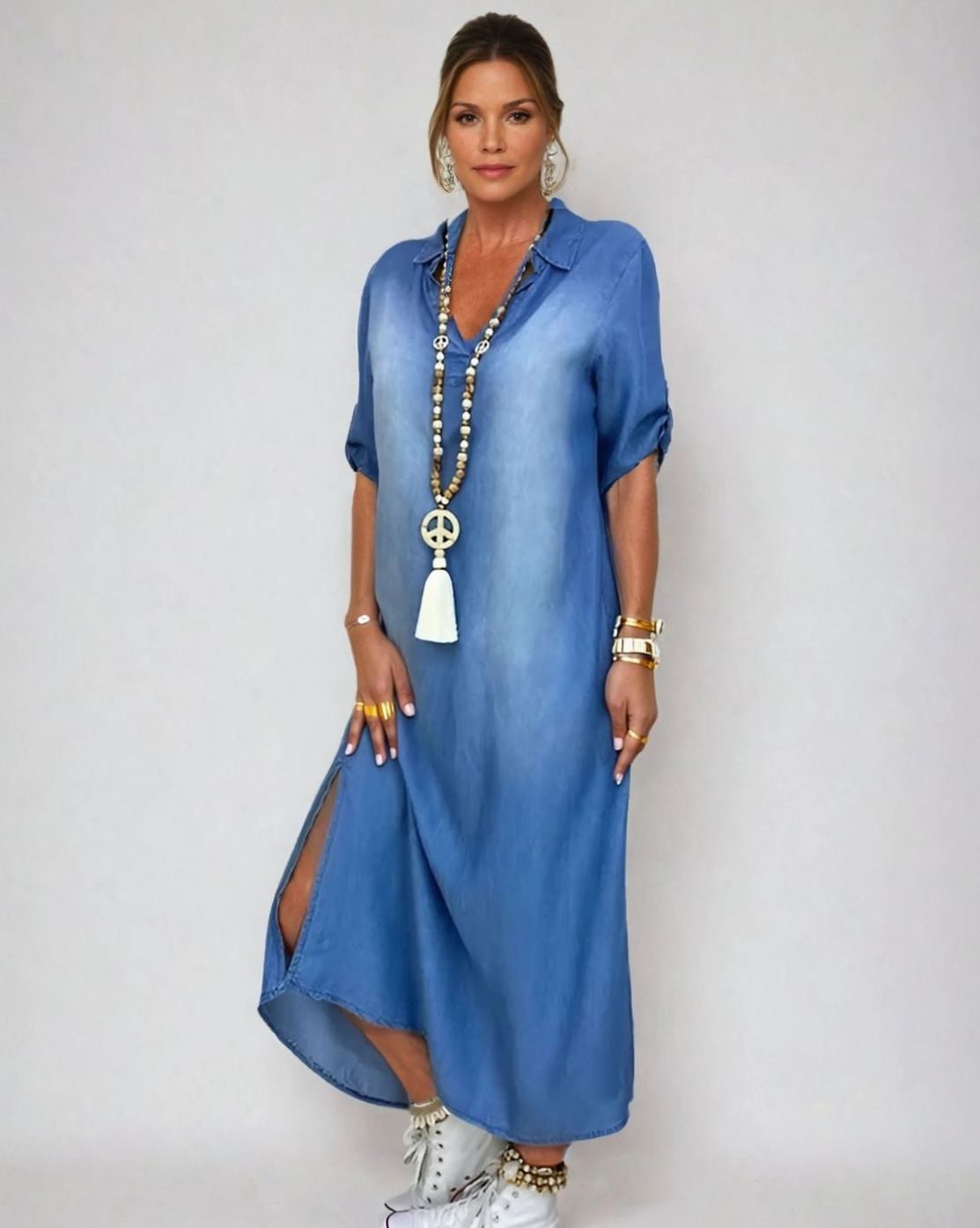 Madison | Women's Relaxed-Fit V-Neck Side-Slit Denim Maxi Shirt Dress