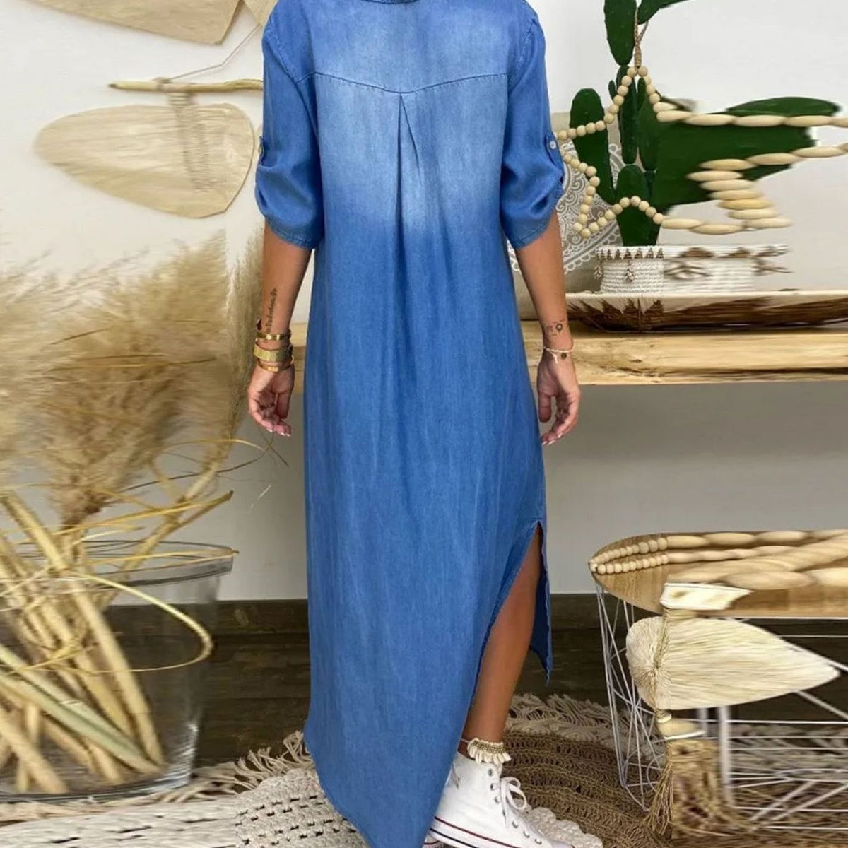 Madison | Women's Relaxed-Fit V-Neck Side-Slit Denim Maxi Shirt Dress
