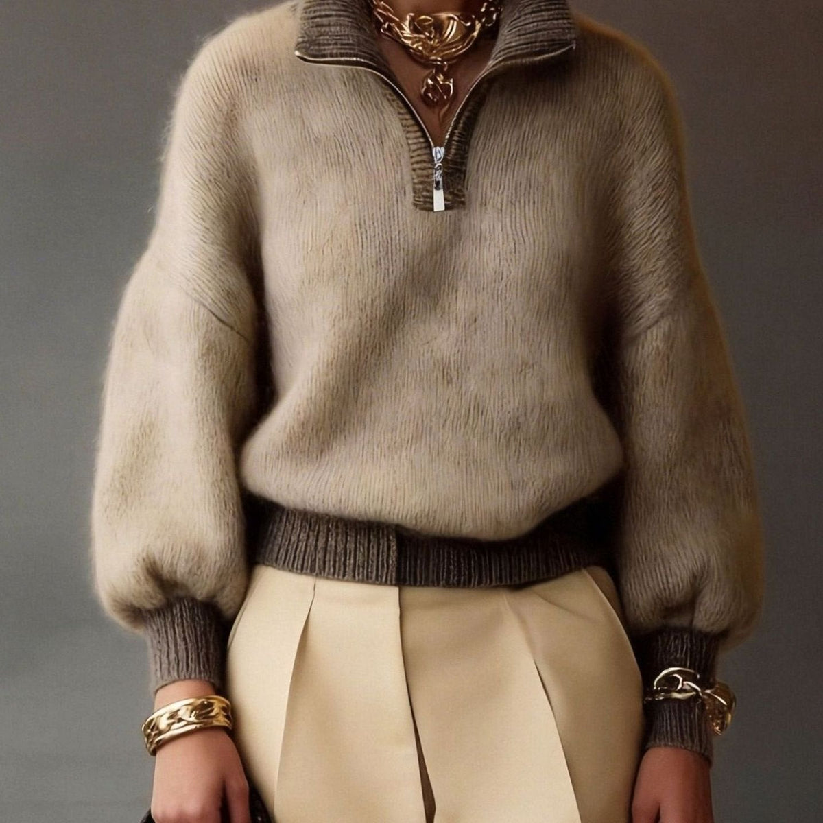 Sophia | Women's Relaxed Half-Zip Fuzzy Knit Pullover Sweater
