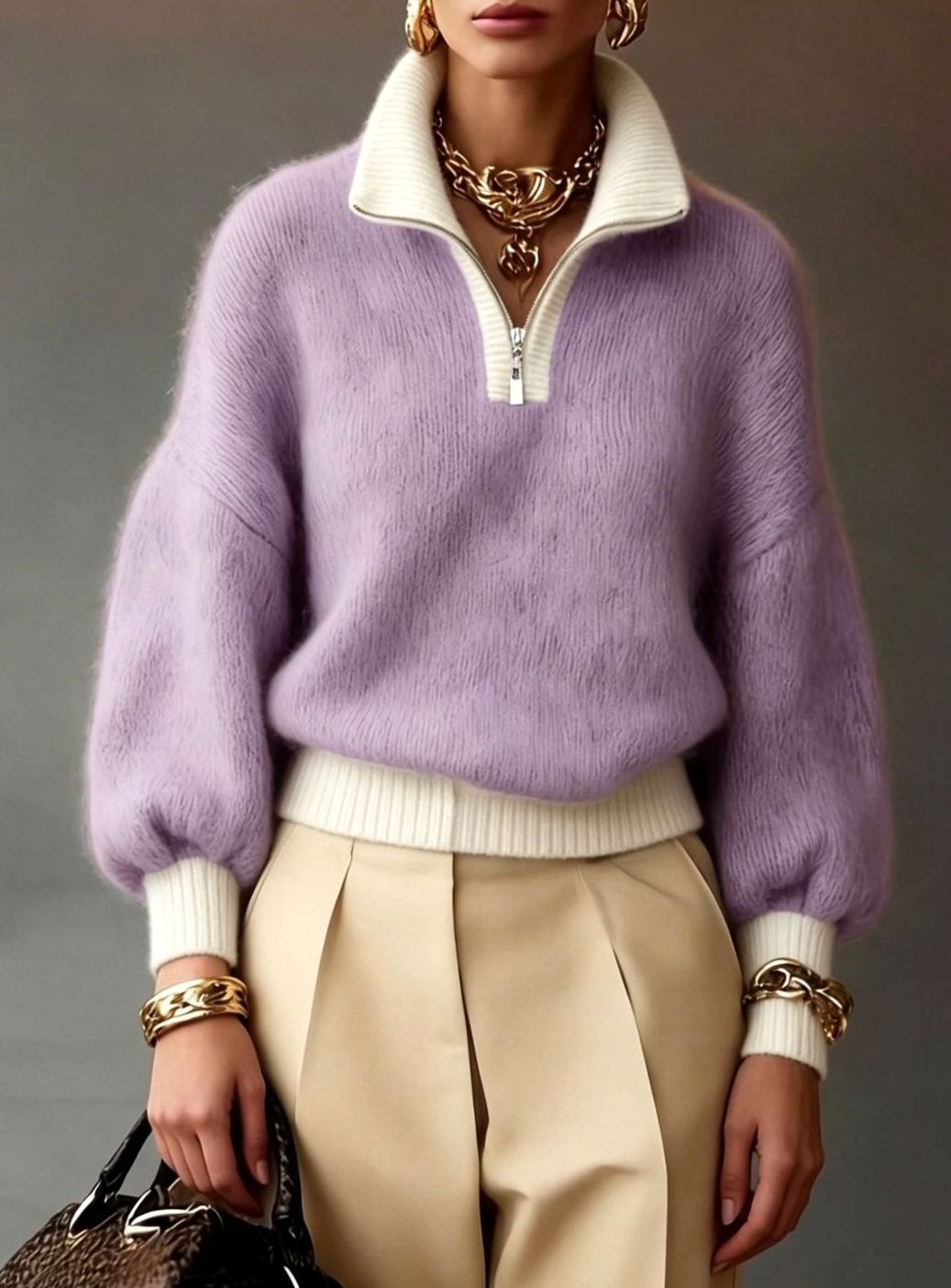 Sophia | Women's Relaxed Half-Zip Fuzzy Knit Pullover Sweater