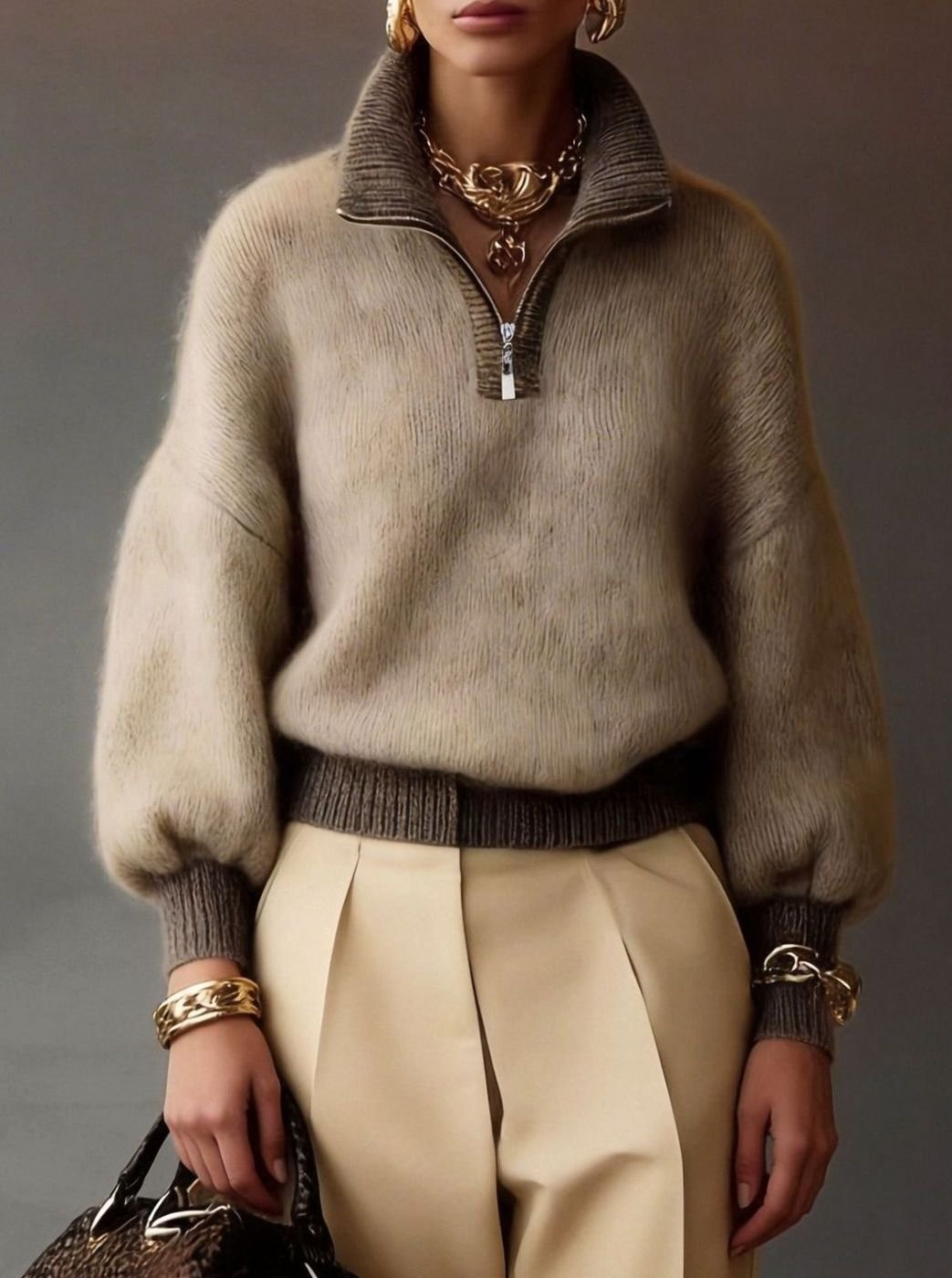 Sophia | Women's Relaxed Half-Zip Fuzzy Knit Pullover Sweater