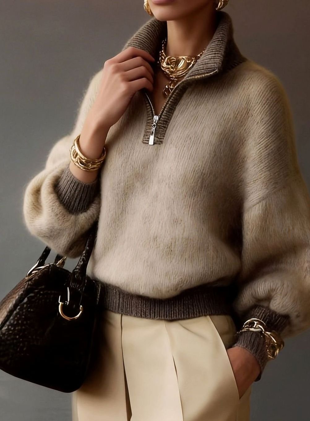 Sophia | Women's Relaxed Half-Zip Fuzzy Knit Pullover Sweater