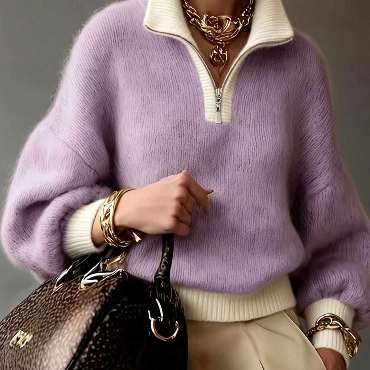Sophia | Women's Relaxed Half-Zip Fuzzy Knit Pullover Sweater