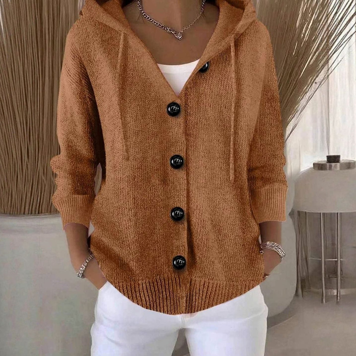 Olivia | Women's Relaxed Hooded Knit Cardigan Sweater Button-Front