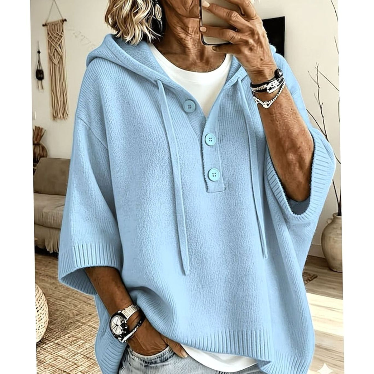 Emma | Women's Relaxed Hooded Knit Sweater Half-Button 3/4 Sleeve