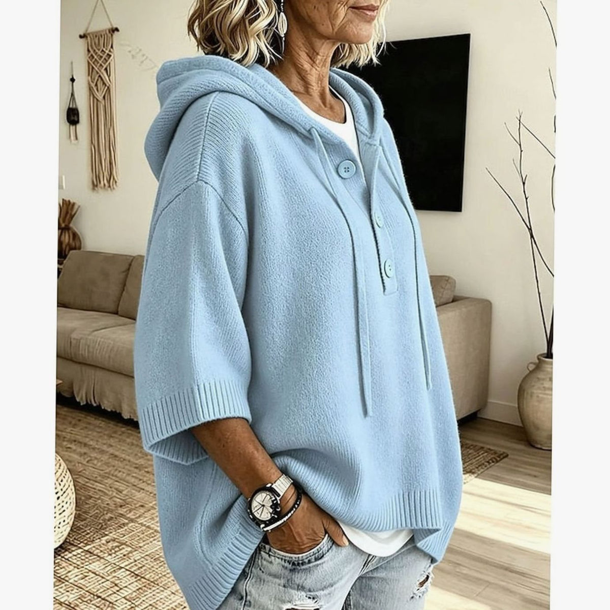 Emma | Women's Relaxed Hooded Knit Sweater Half-Button 3/4 Sleeve