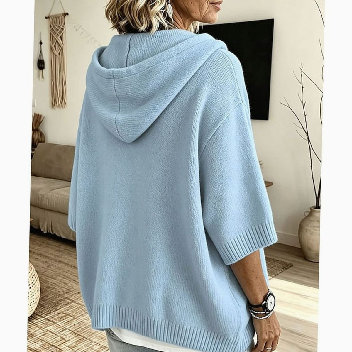 Emma | Women's Relaxed Hooded Knit Sweater Half-Button 3/4 Sleeve
