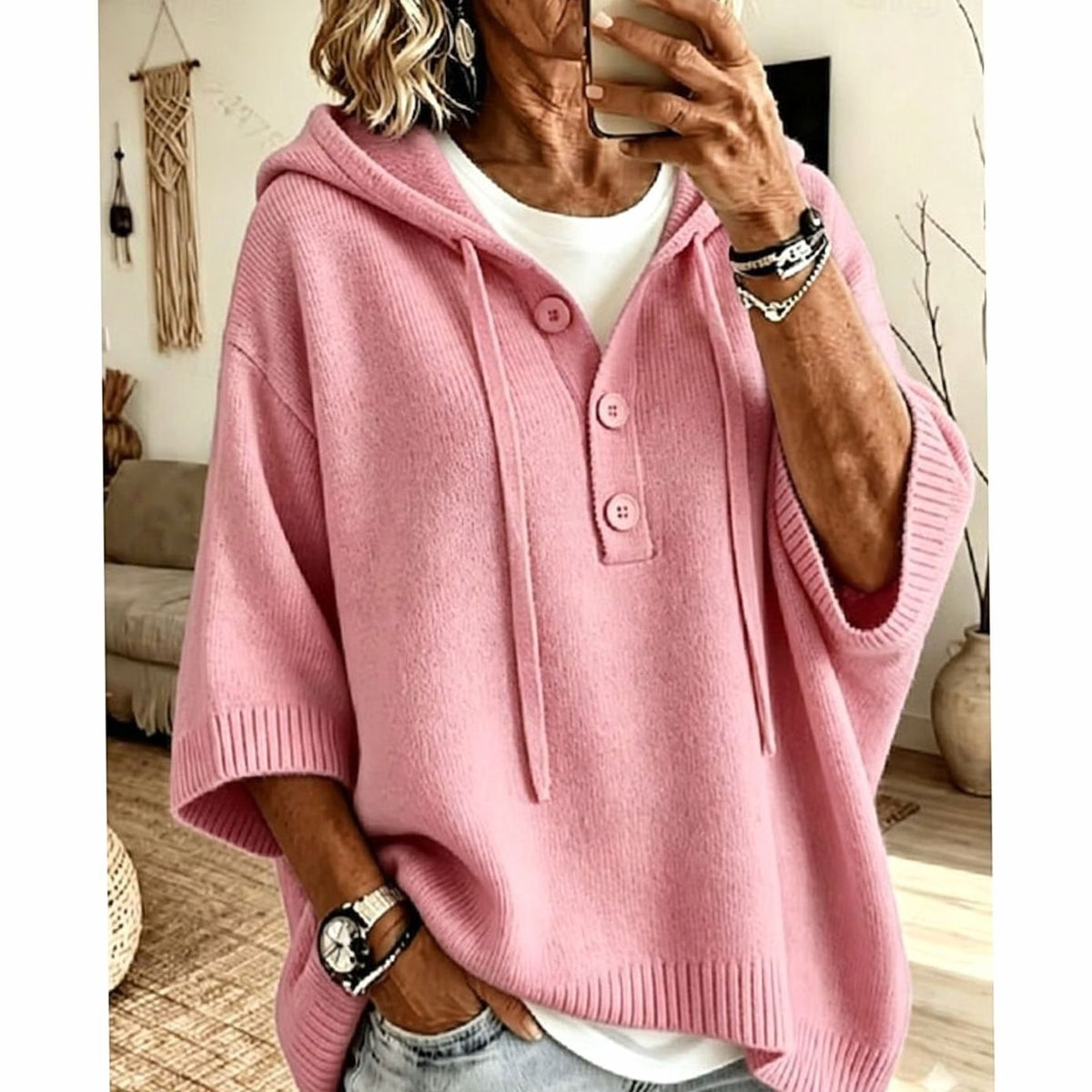 Emma | Women's Relaxed Hooded Knit Sweater Half-Button 3/4 Sleeve
