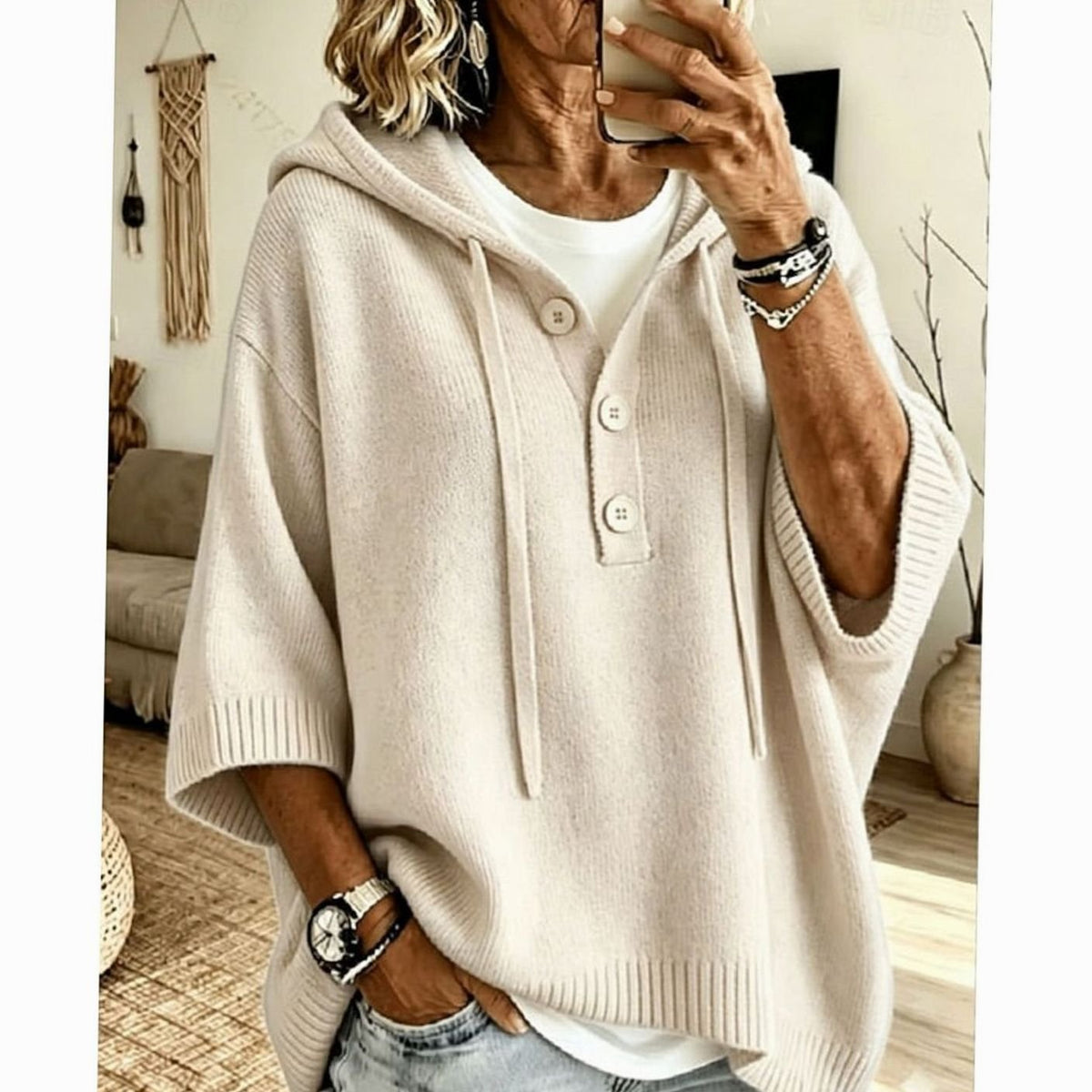 Emma | Women's Relaxed Hooded Knit Sweater Half-Button 3/4 Sleeve