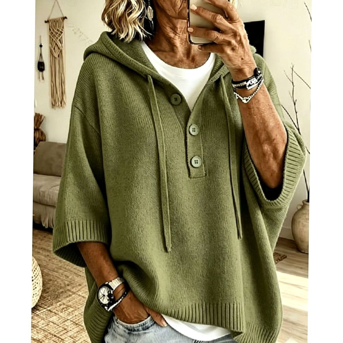 Emma | Women's Relaxed Hooded Knit Sweater Half-Button 3/4 Sleeve