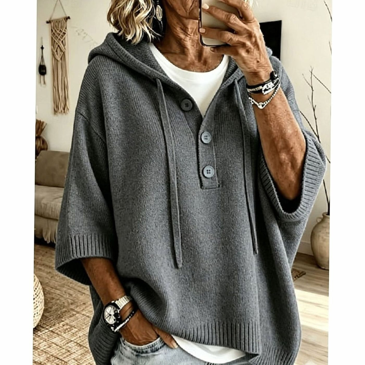 Emma | Women's Relaxed Hooded Knit Sweater Half-Button 3/4 Sleeve