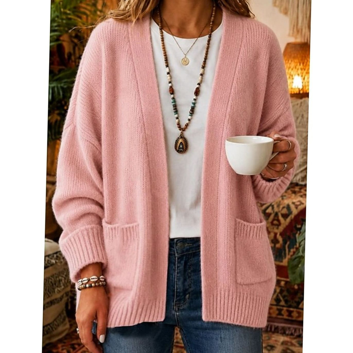 Eleanor | Women's Relaxed Open-Front Knit Cardigan Sweater Pockets