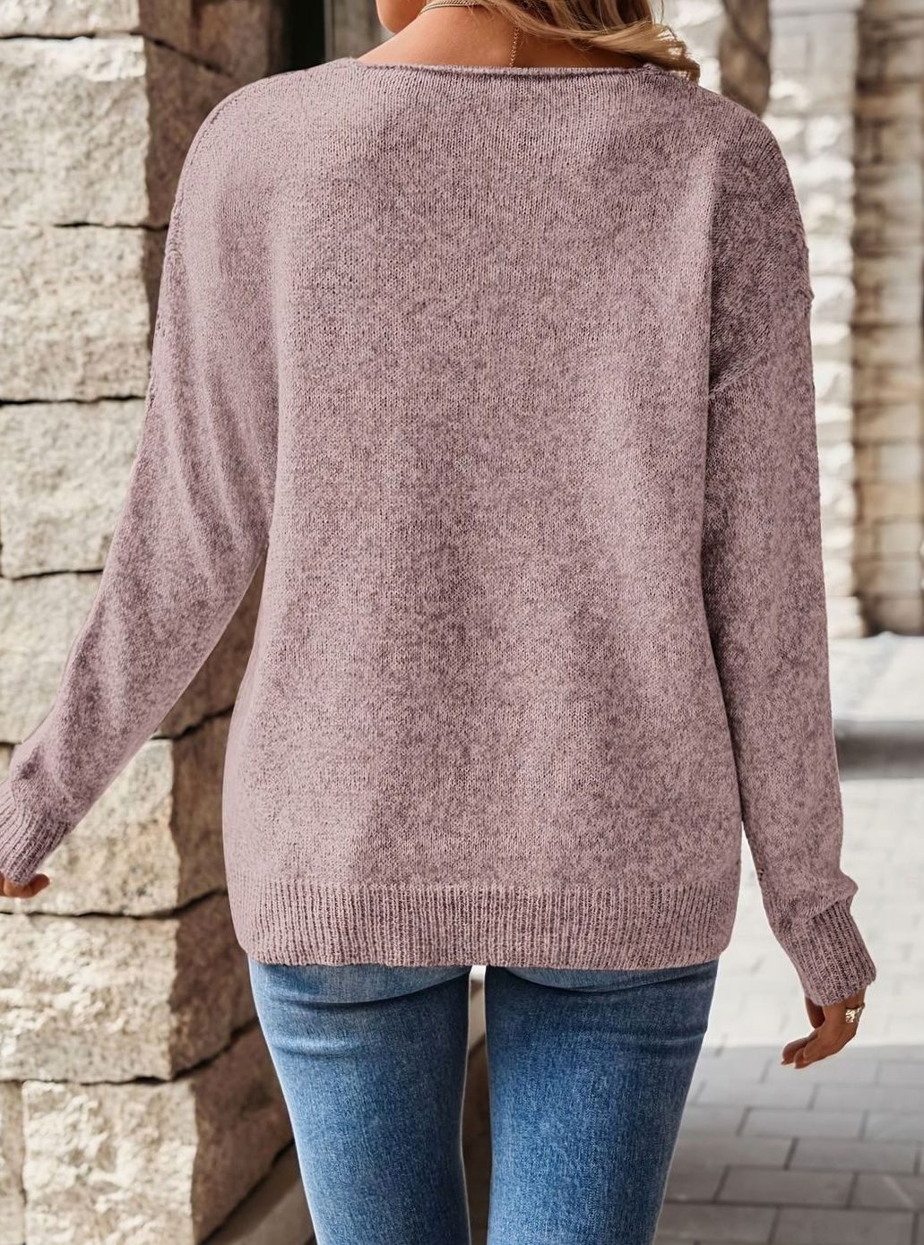 Evelyn | Women's Relaxed V-Neck Drop-Shoulder Pointelle Knit Sweater