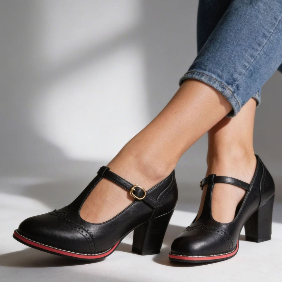 Amelia | Women's Retro Brogue T-Bar Block Heel Pumps