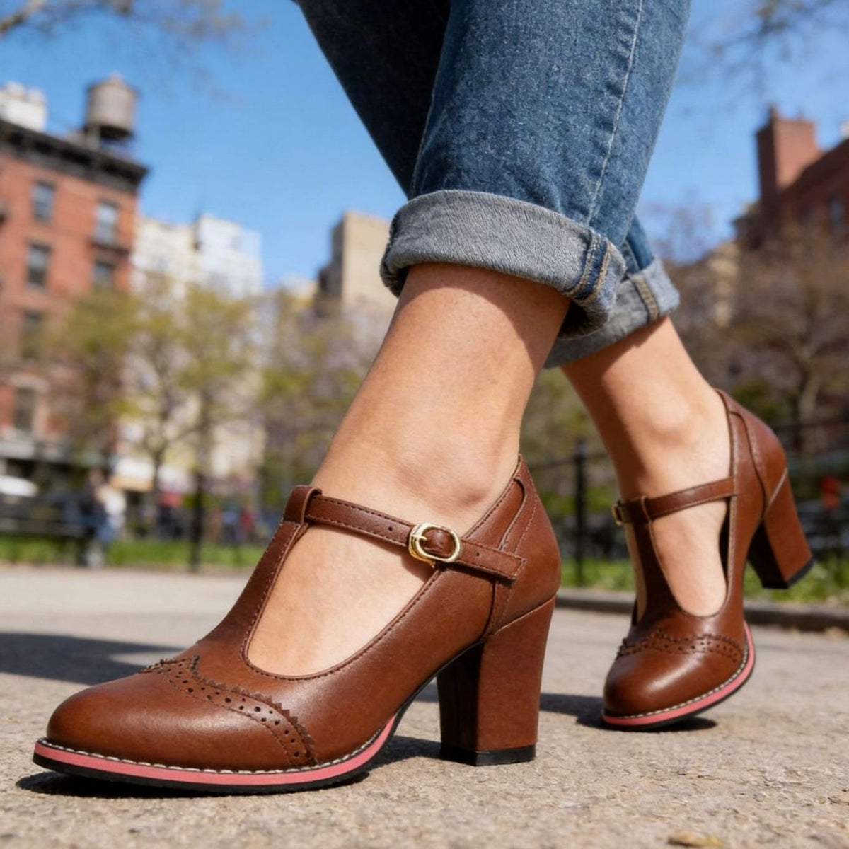 Amelia | Women's Retro Brogue T-Bar Block Heel Pumps