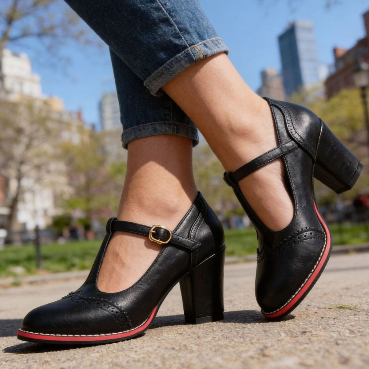 Harper | Women's Retro Brogue T-Bar Block Heel Pumps, Black
