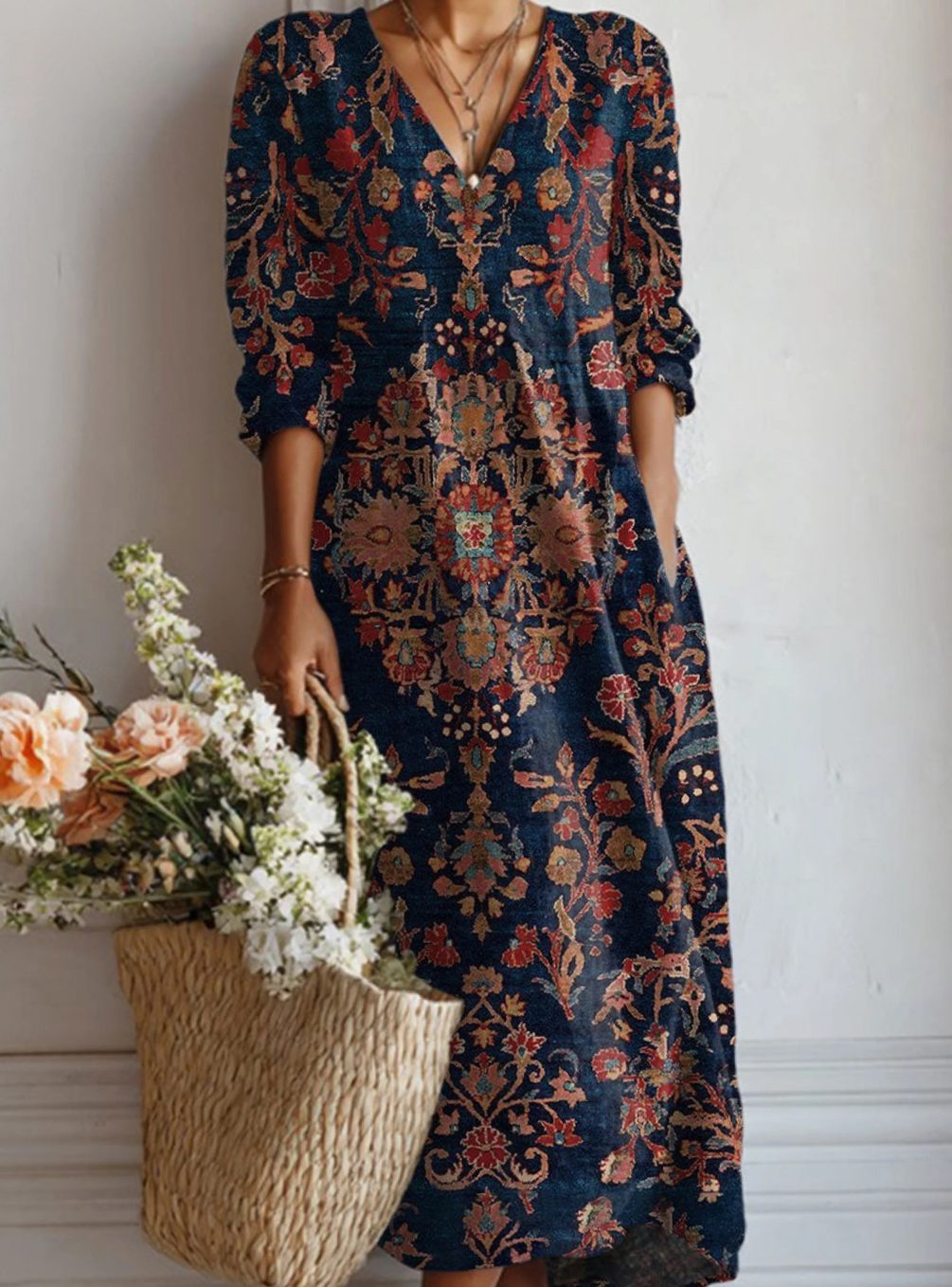 Aria | Women's Retro Floral Relaxed-Fit Pocket Long Sleeve Dress