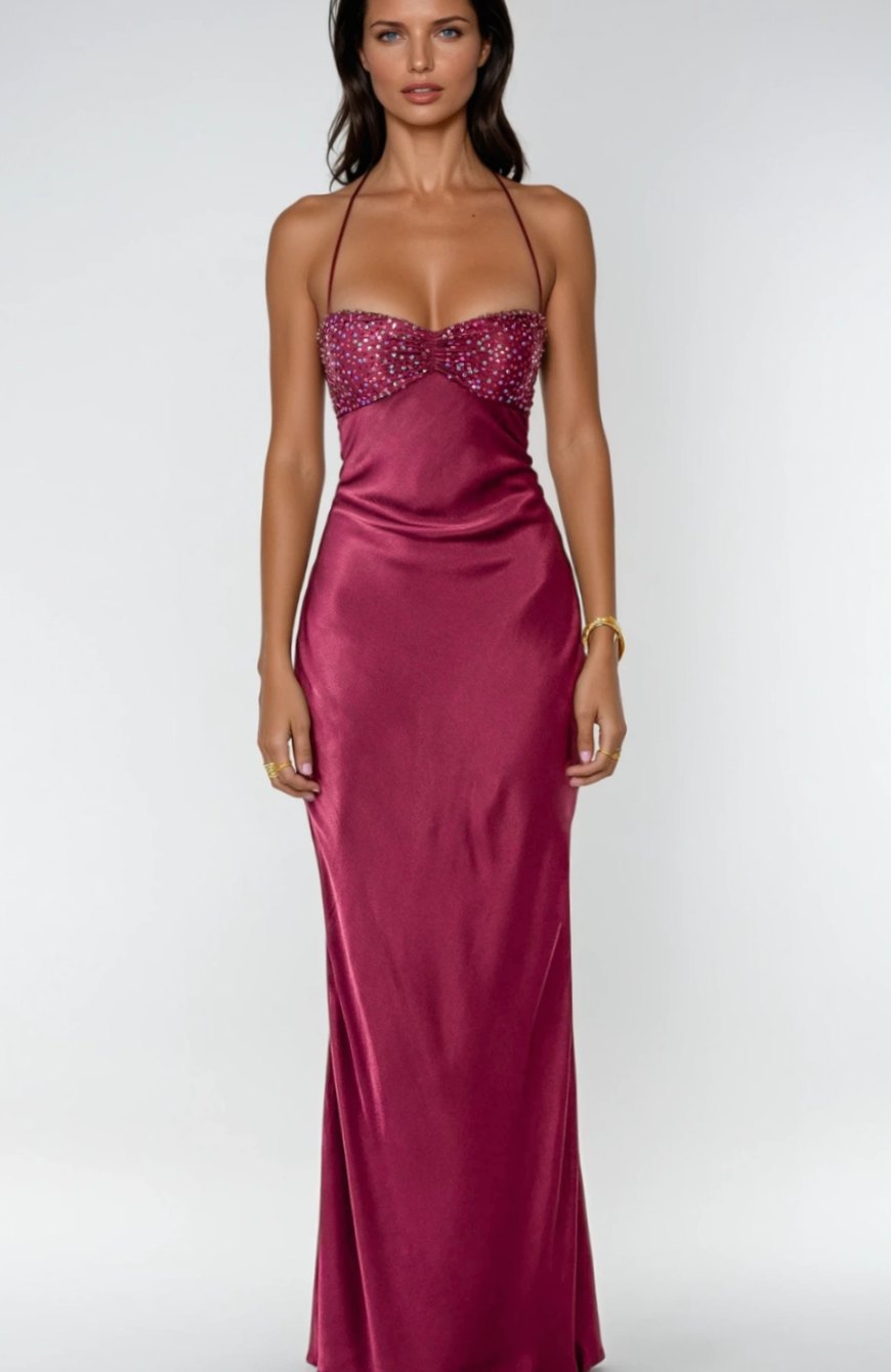 Aria | Women's Rhinestone Halter-Neck Lace-Up Satin Maxi Dress