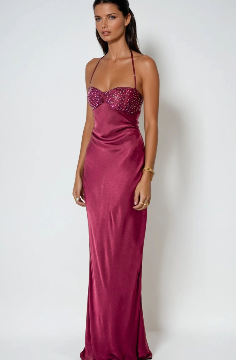 Aria | Women's Rhinestone Halter-Neck Lace-Up Satin Maxi Dress