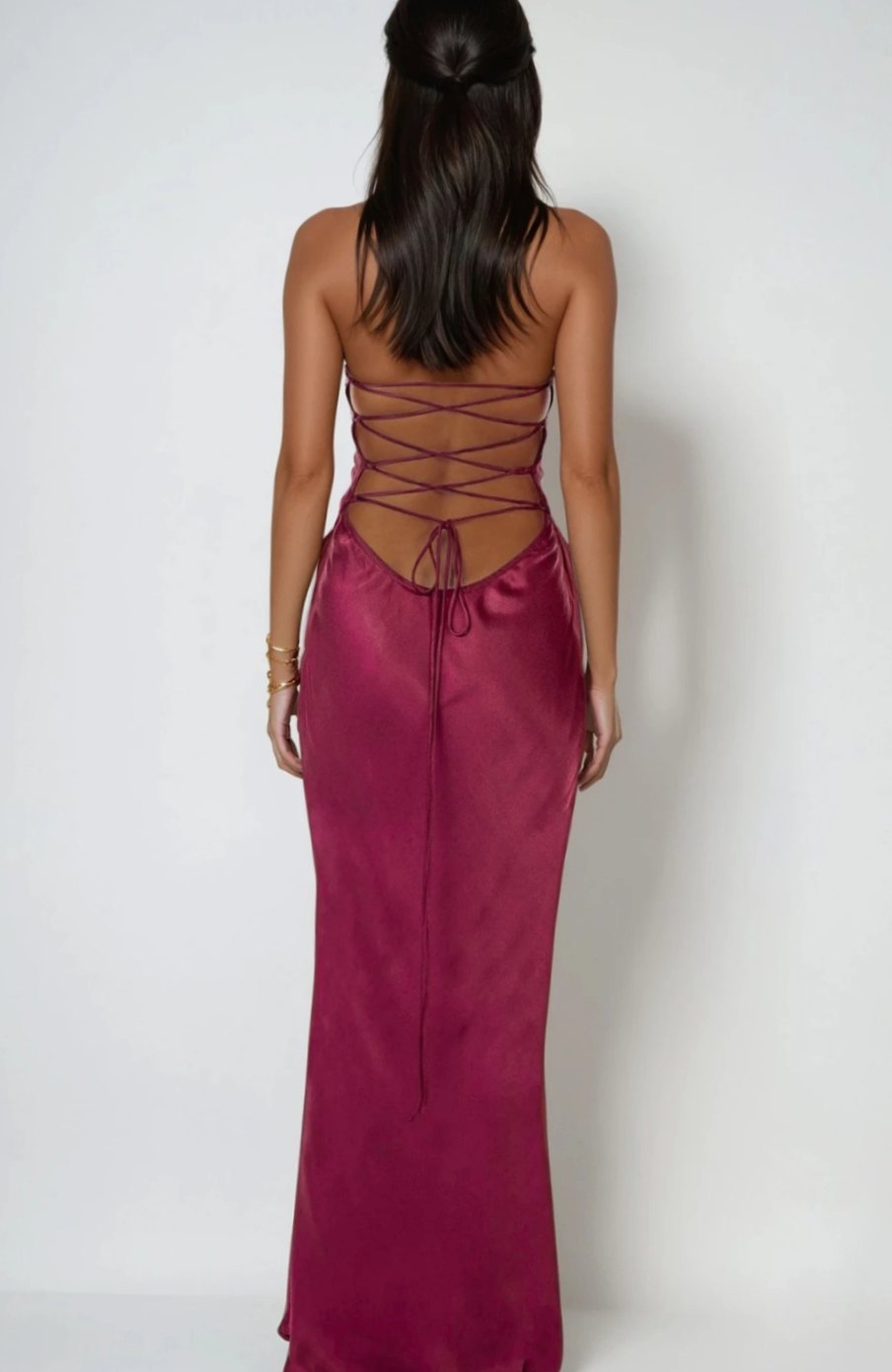 Aria | Women's Rhinestone Halter-Neck Lace-Up Satin Maxi Dress