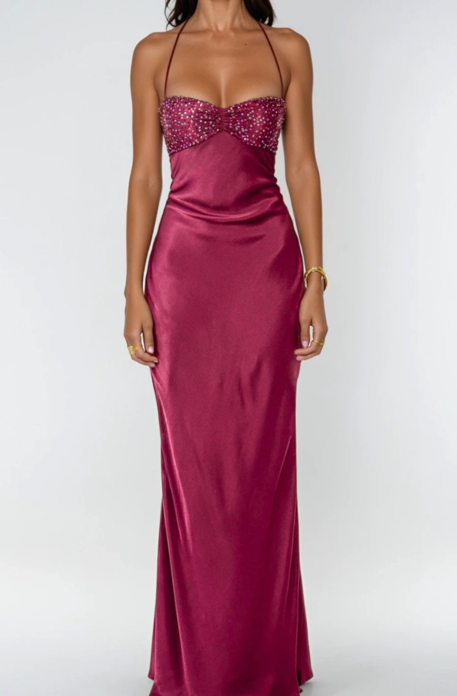 Aria | Women's Rhinestone Halter-Neck Lace-Up Satin Maxi Dress