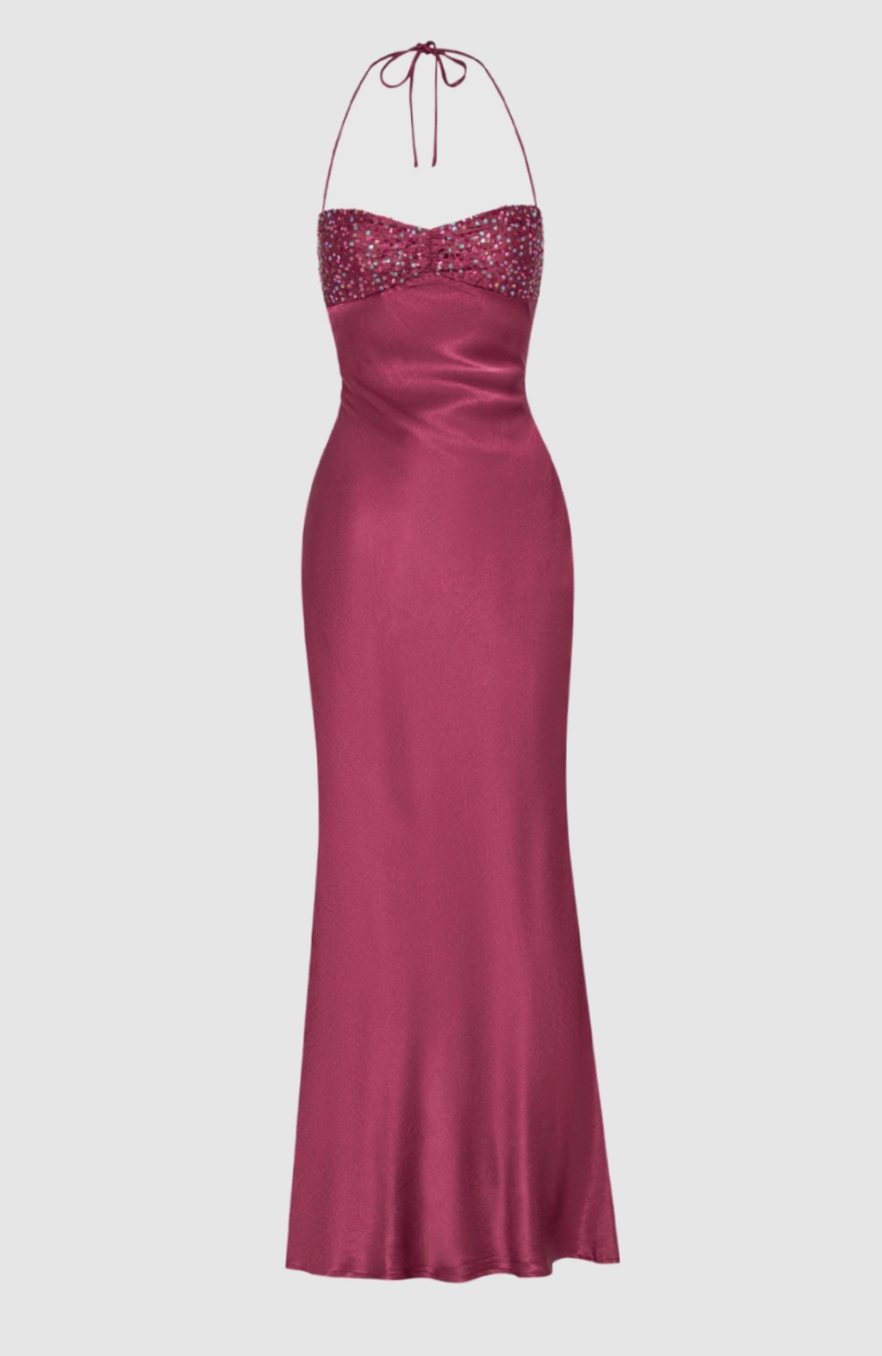 Aria | Women's Rhinestone Halter-Neck Lace-Up Satin Maxi Dress