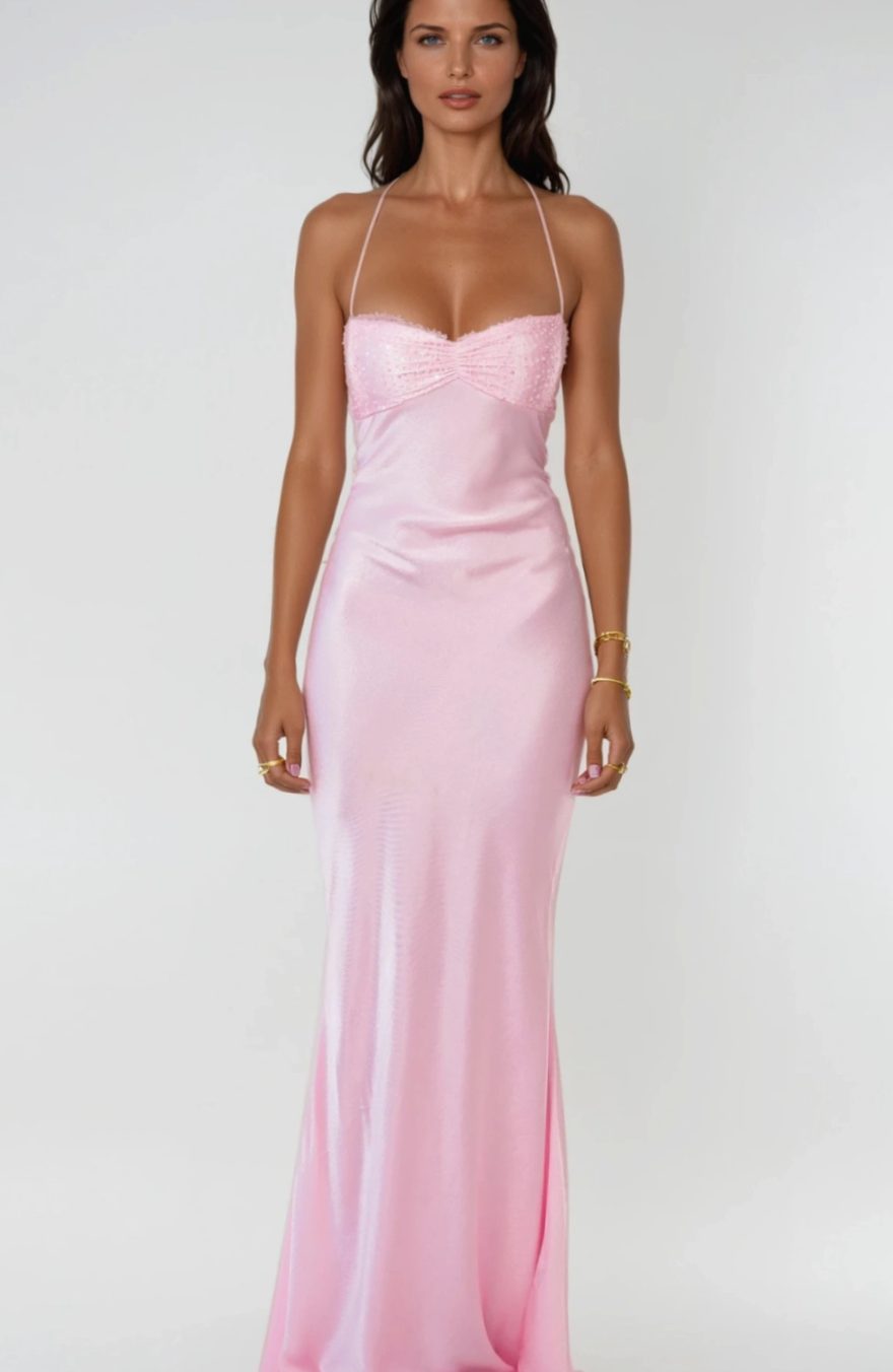 Aria | Women's Rhinestone Halter-Neck Lace-Up Satin Maxi Dress