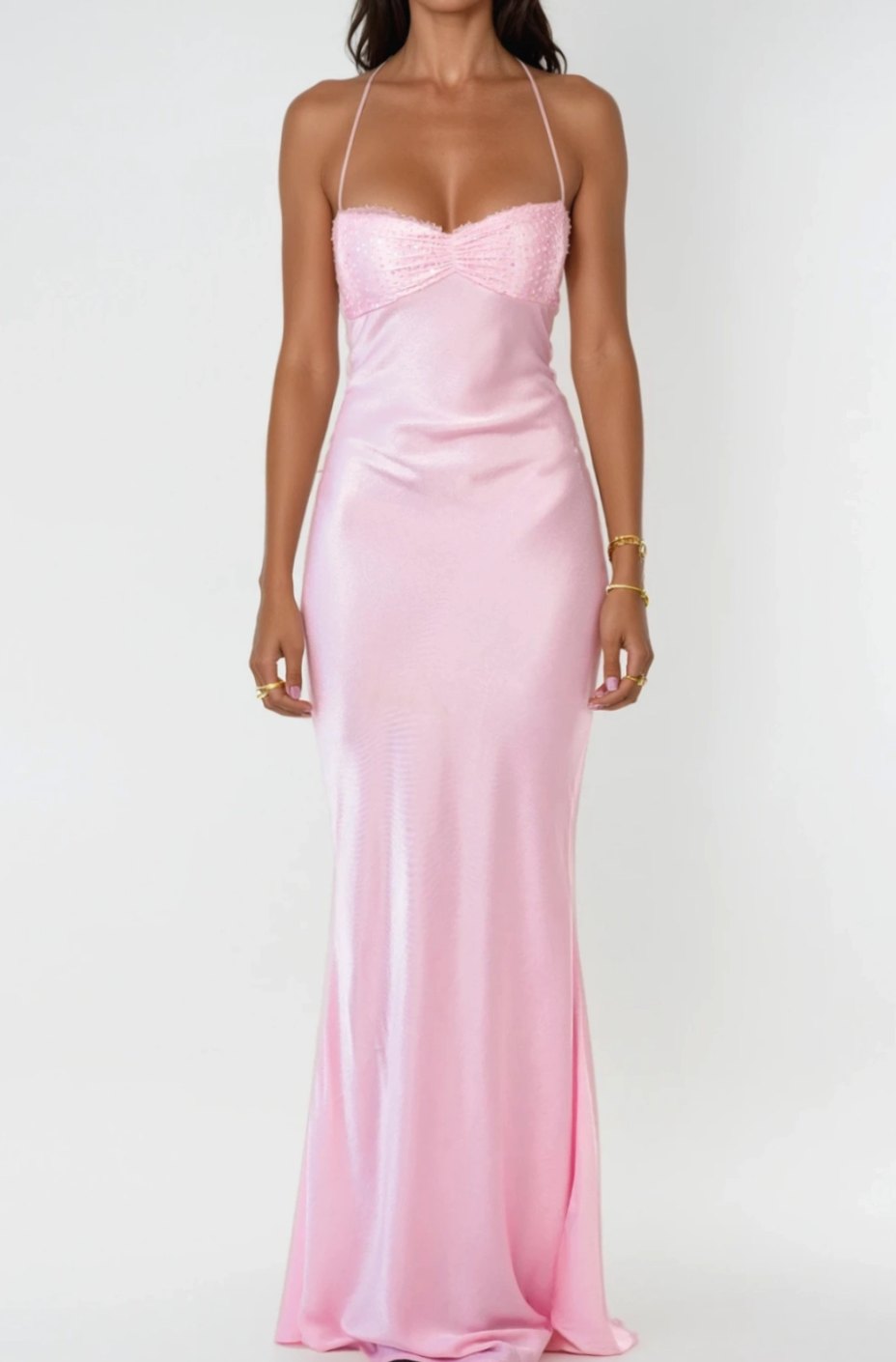 Aria | Women's Rhinestone Halter-Neck Lace-Up Satin Maxi Dress