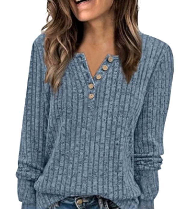 Eleanor | Women's Ribbed Knit Button-Up Long Sleeve Henley Sweater