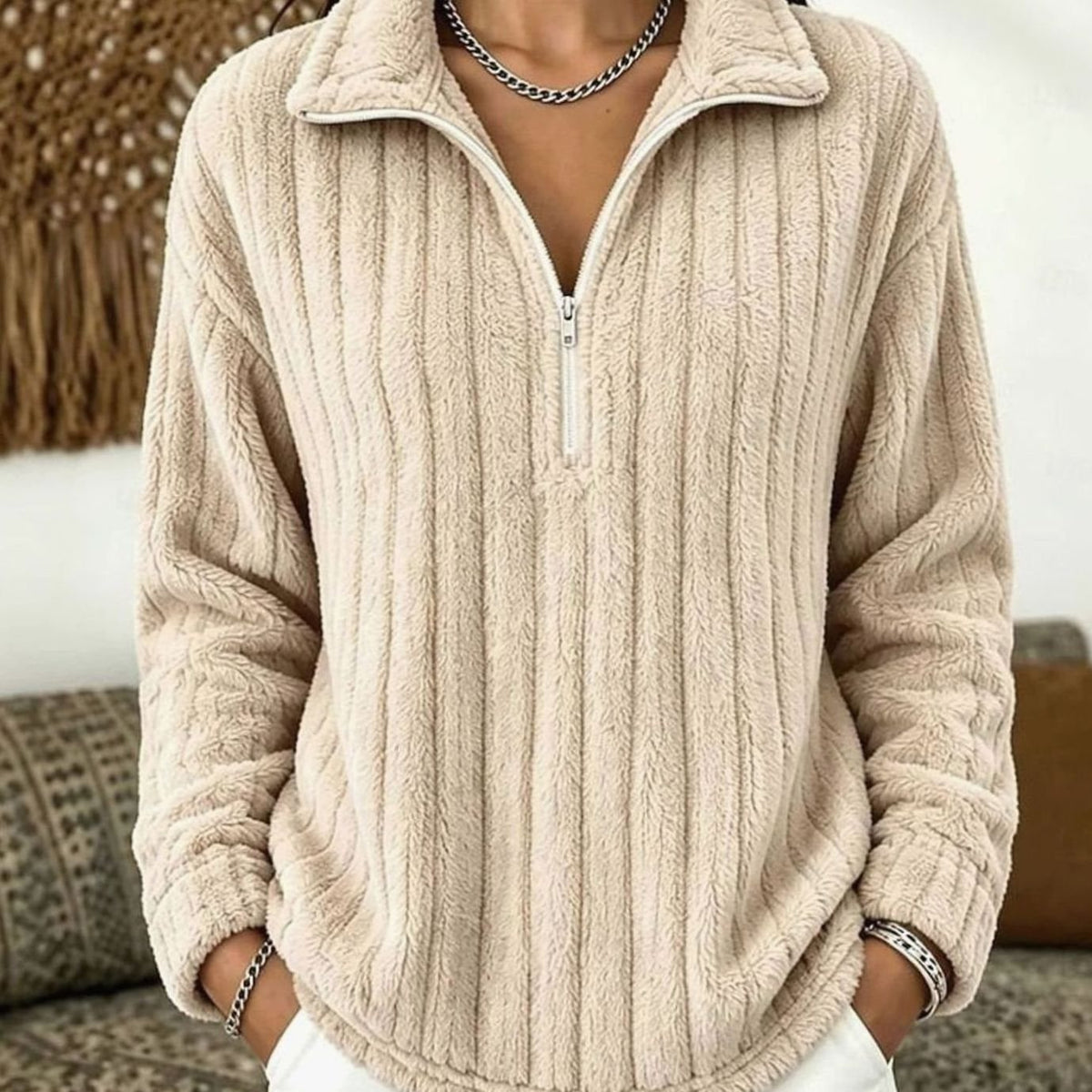 Mia | Women's Ribbed Plush Fleece Quarter-Zip Pullover Sweater