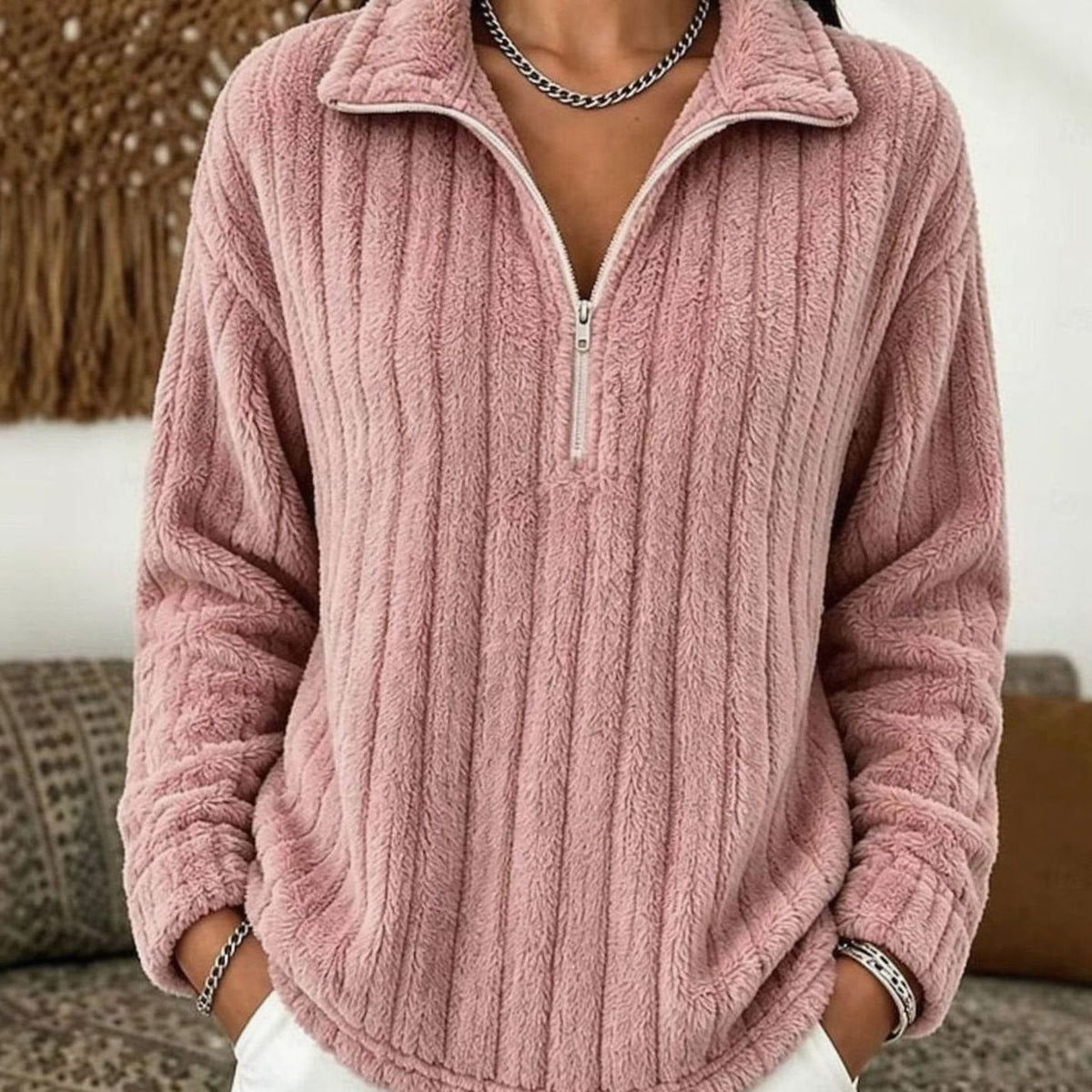 Mia | Women's Ribbed Plush Fleece Quarter-Zip Pullover Sweater