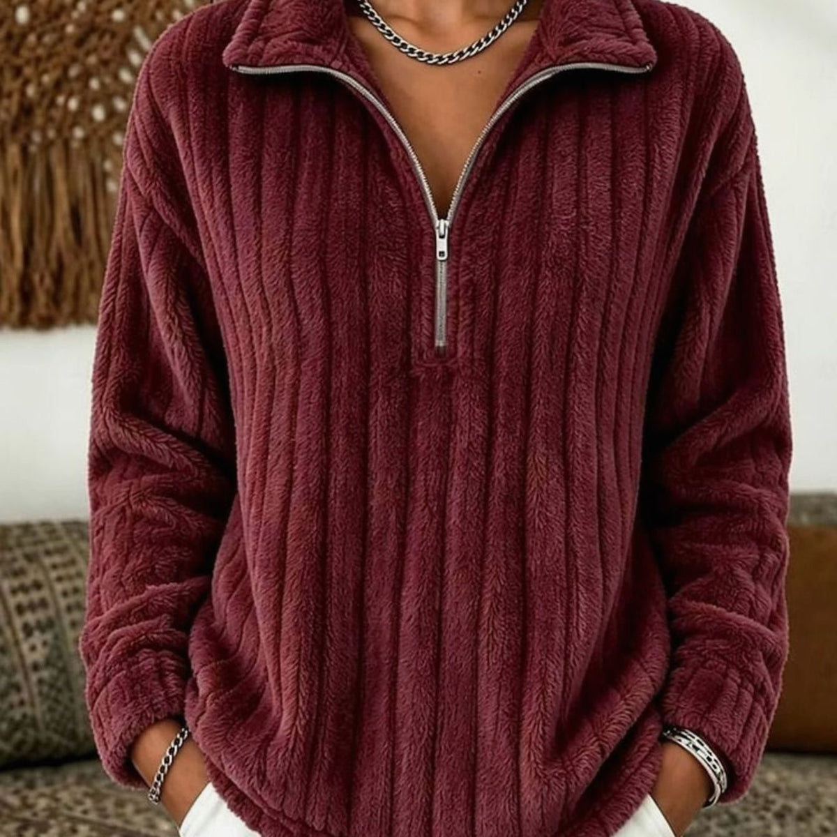Mia | Women's Ribbed Plush Fleece Quarter-Zip Pullover Sweater