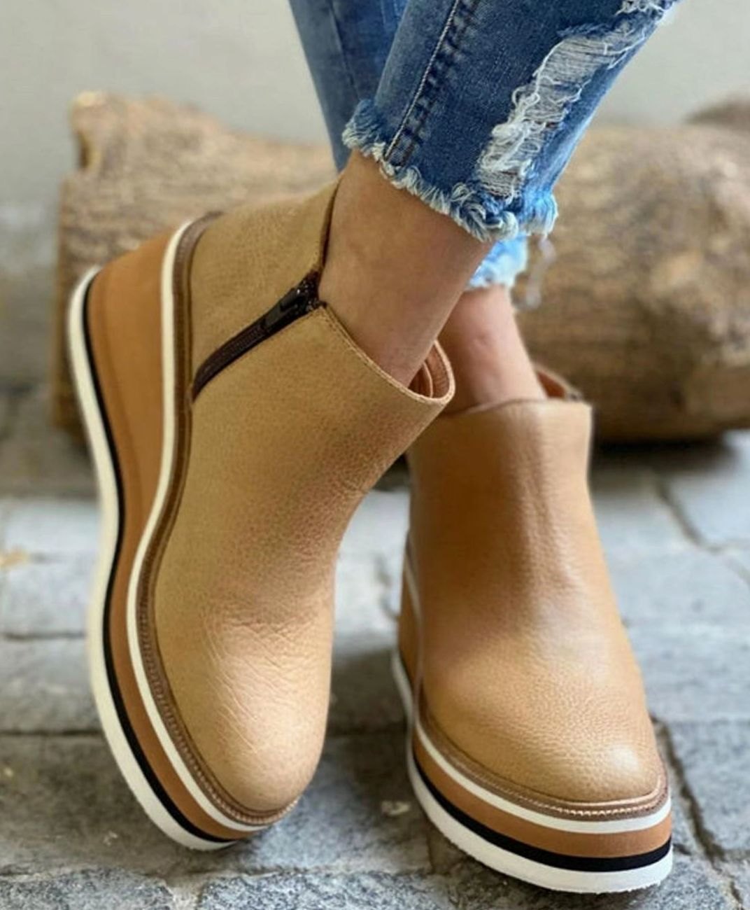 Penelope | Women's Round-Toe Wedge Platform Zipper Ankle Boots