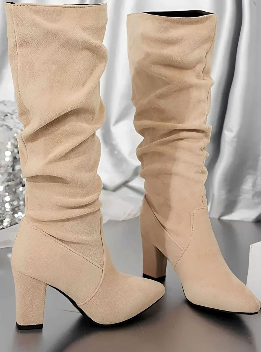 Penelope | Women's Ruched Faux Suede Block-Heel Knee High Boots