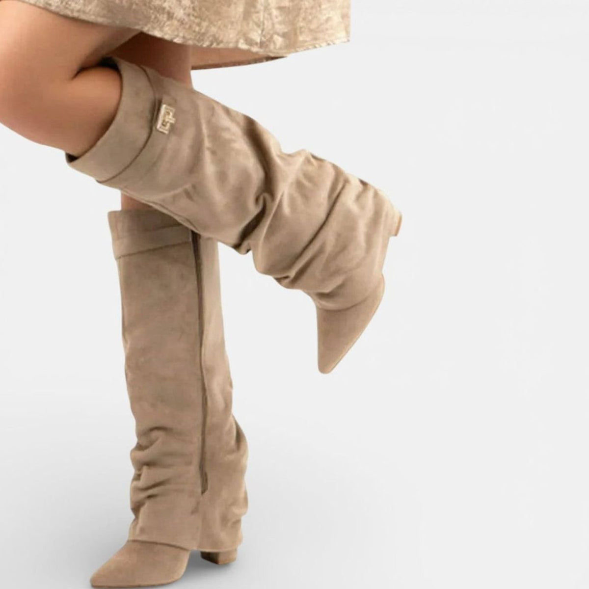 Penelope | Women's Ruched Knee High Boots Pointed Toe Low Block Heel