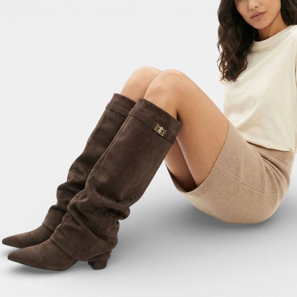 Penelope | Women's Ruched Knee High Boots Pointed Toe Low Block Heel
