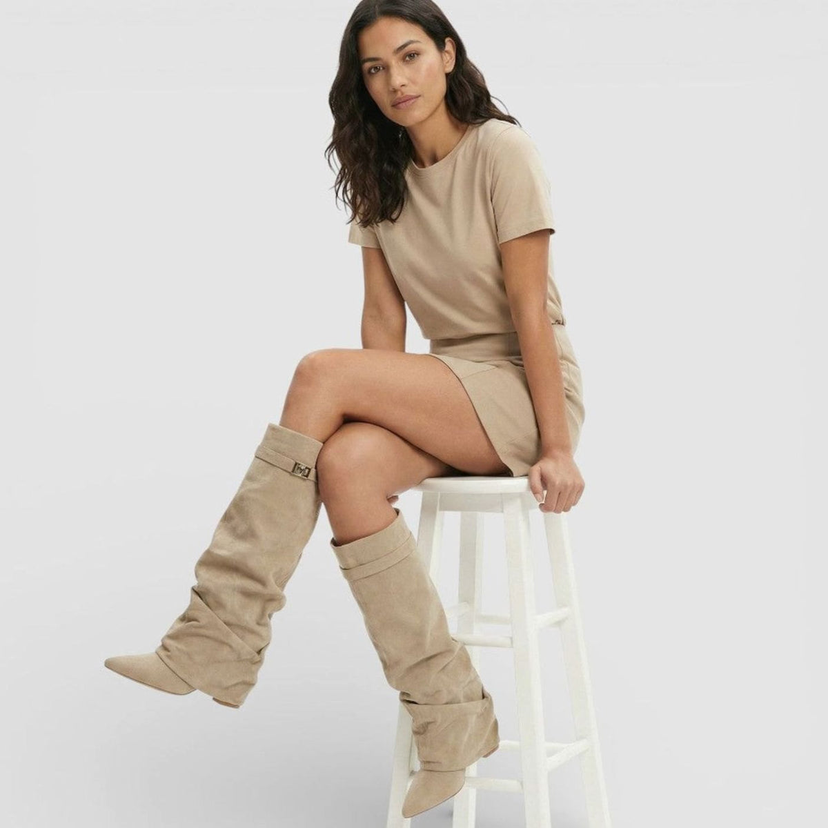 Penelope | Women's Ruched Knee High Boots Pointed Toe Low Block Heel