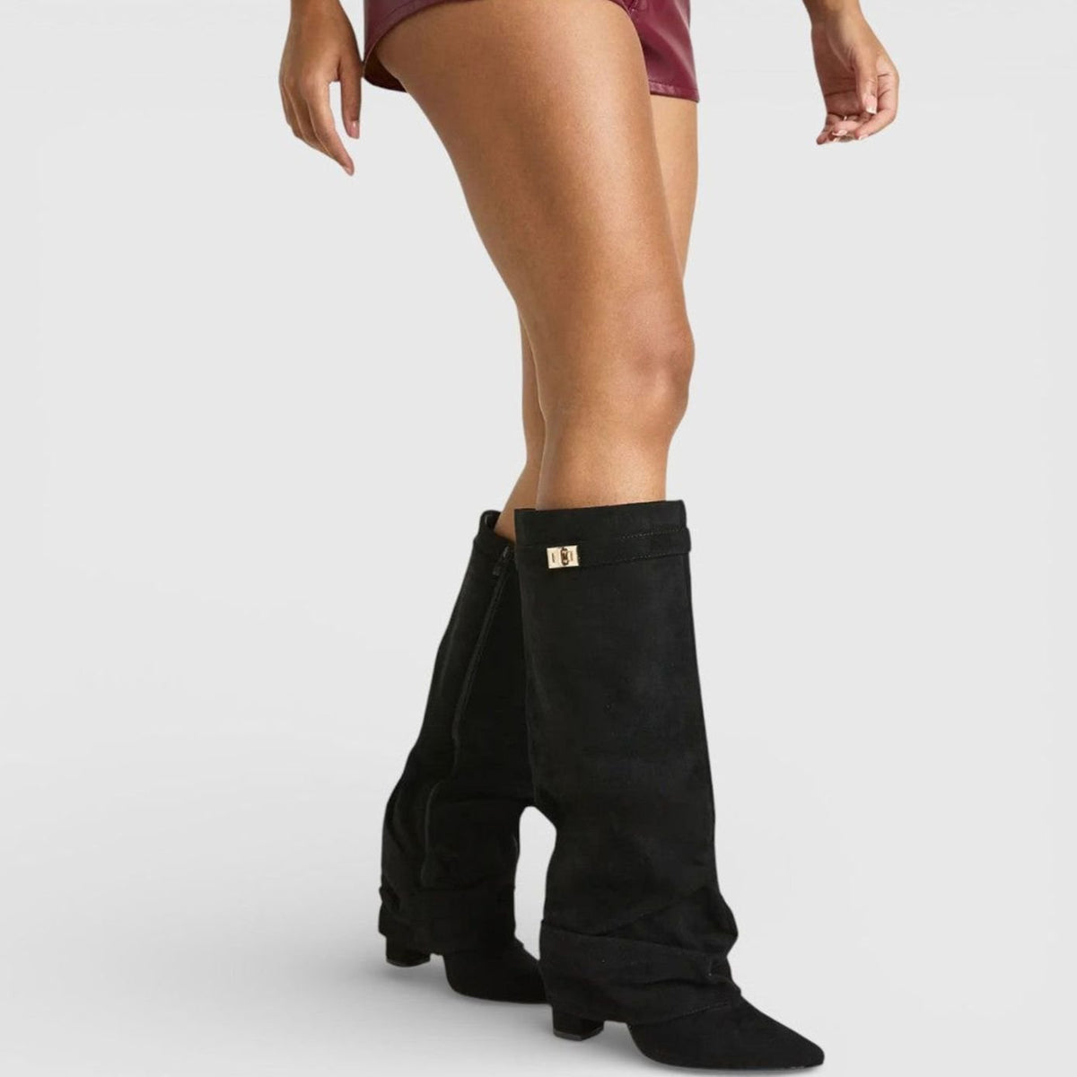 Penelope | Women's Ruched Knee High Boots Pointed Toe Low Block Heel