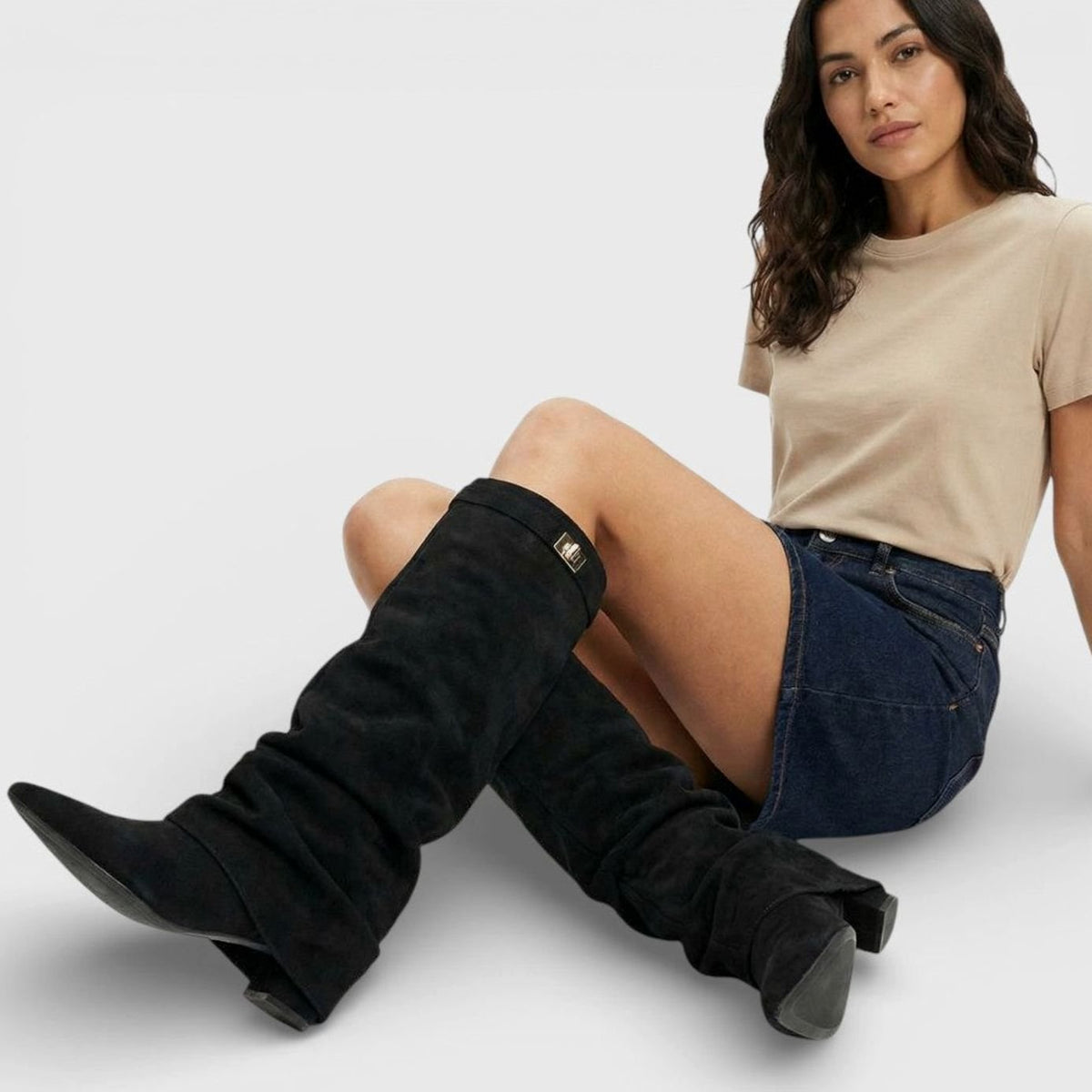 Penelope | Women's Ruched Knee High Boots Pointed Toe Low Block Heel