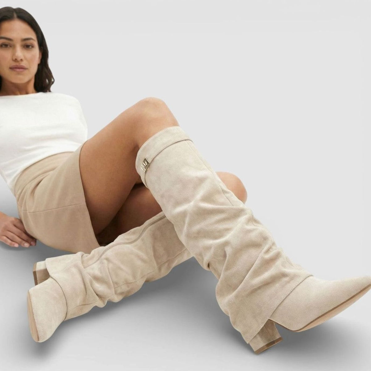 Penelope | Women's Ruched Knee High Boots Pointed Toe Low Block Heel