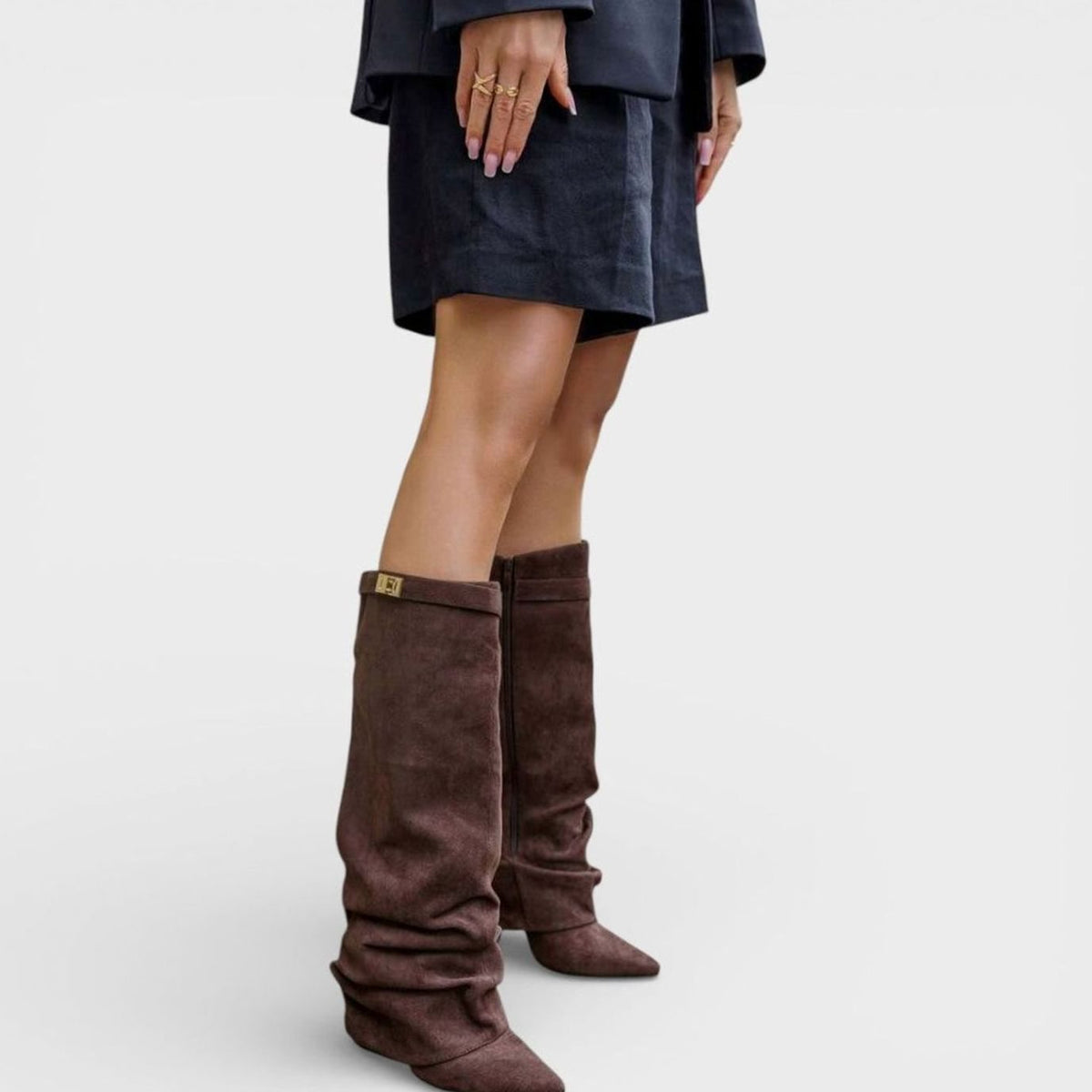 Penelope | Women's Ruched Knee High Boots Pointed Toe Low Block Heel