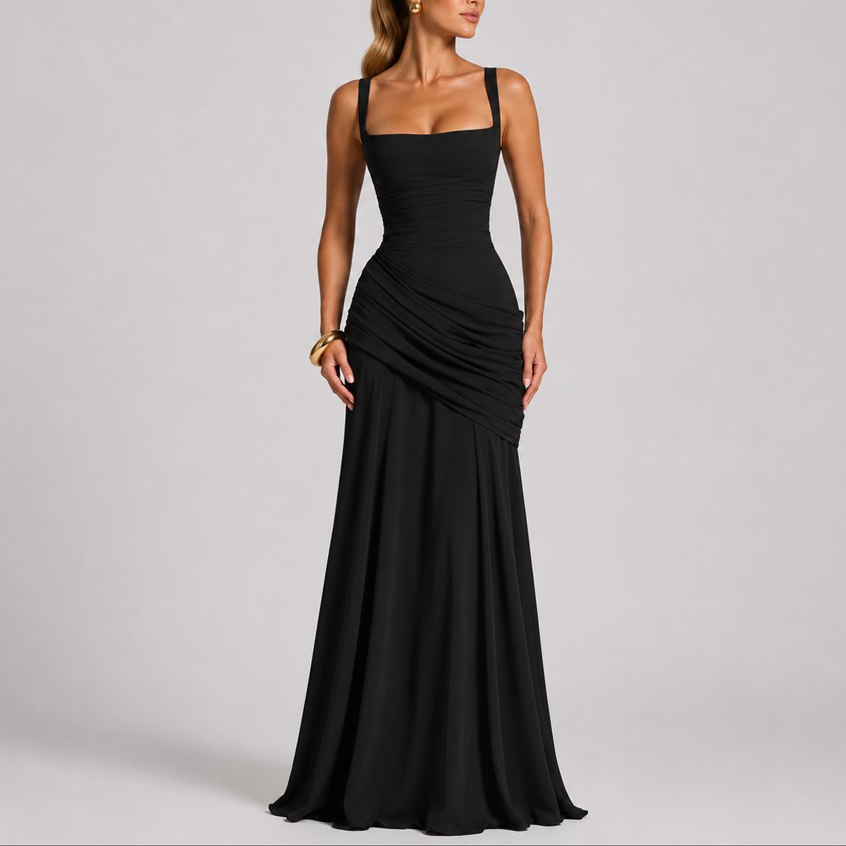 Emma | Women's Ruched Maxi Fall Wedding Guest Dress Square Neck