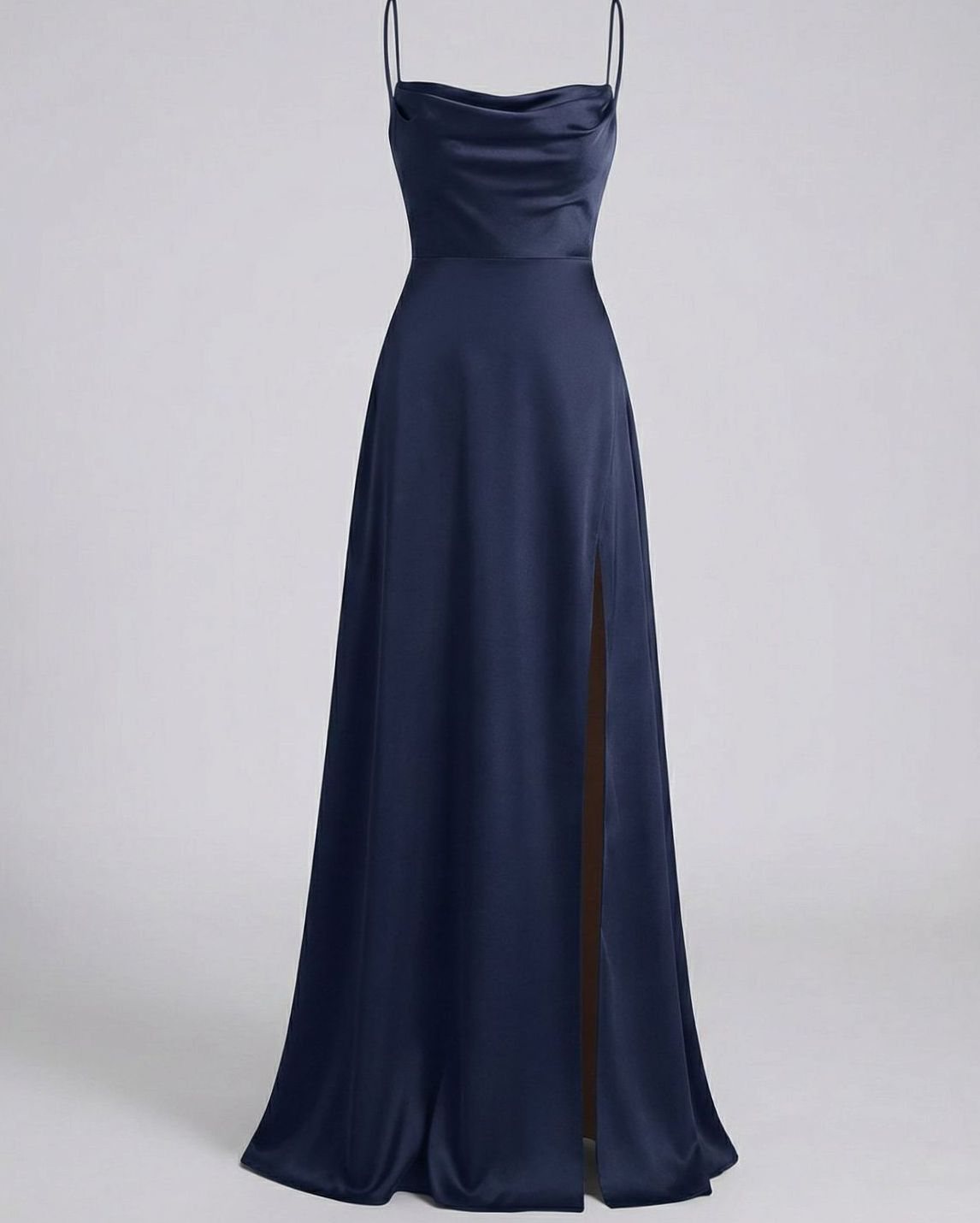 Aria | Women's Satin Cowl-Neck Spaghetti Strap Maxi Dress High Slit