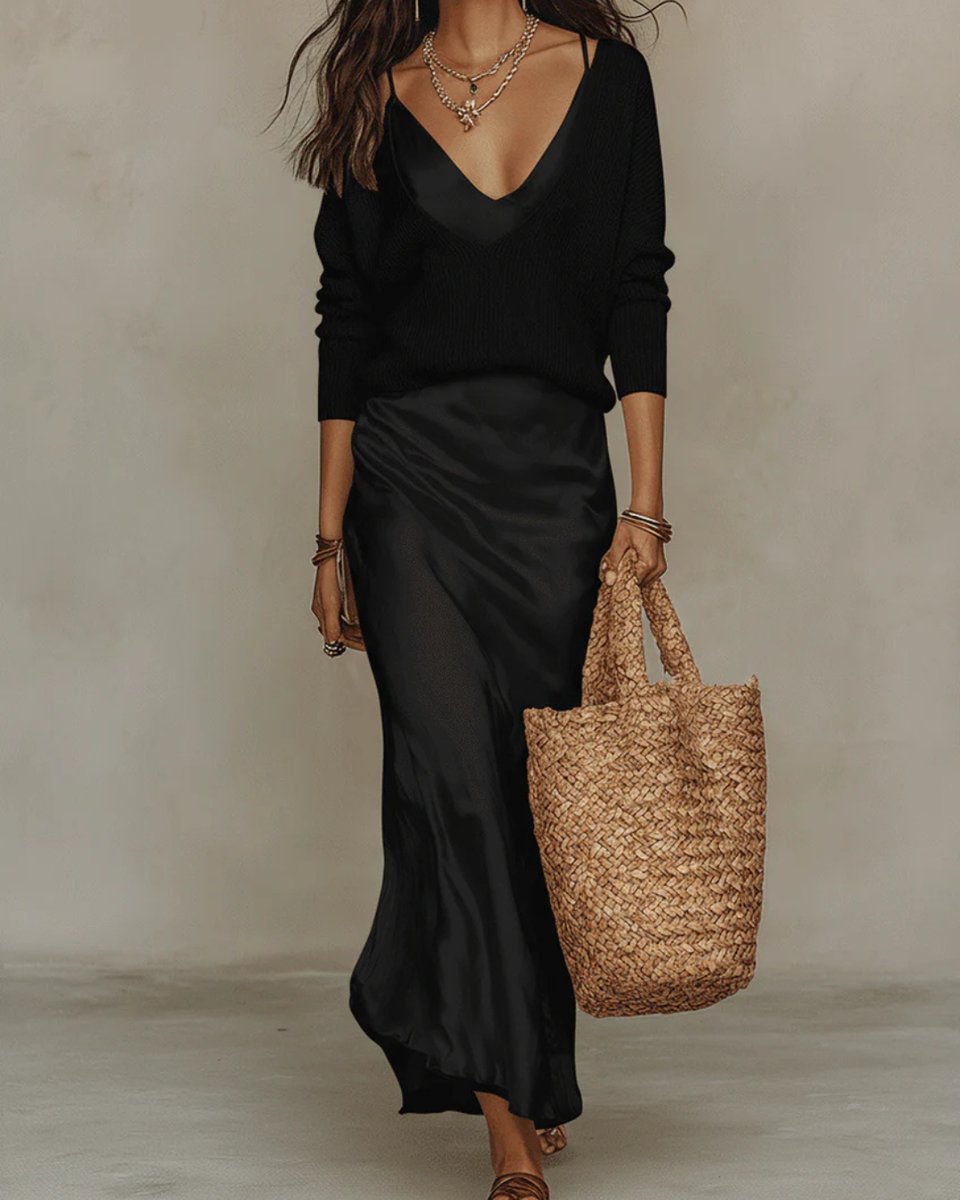 Grace | Women's Satin Slip Midi Long Sleeve Dress Knit Sweater Set